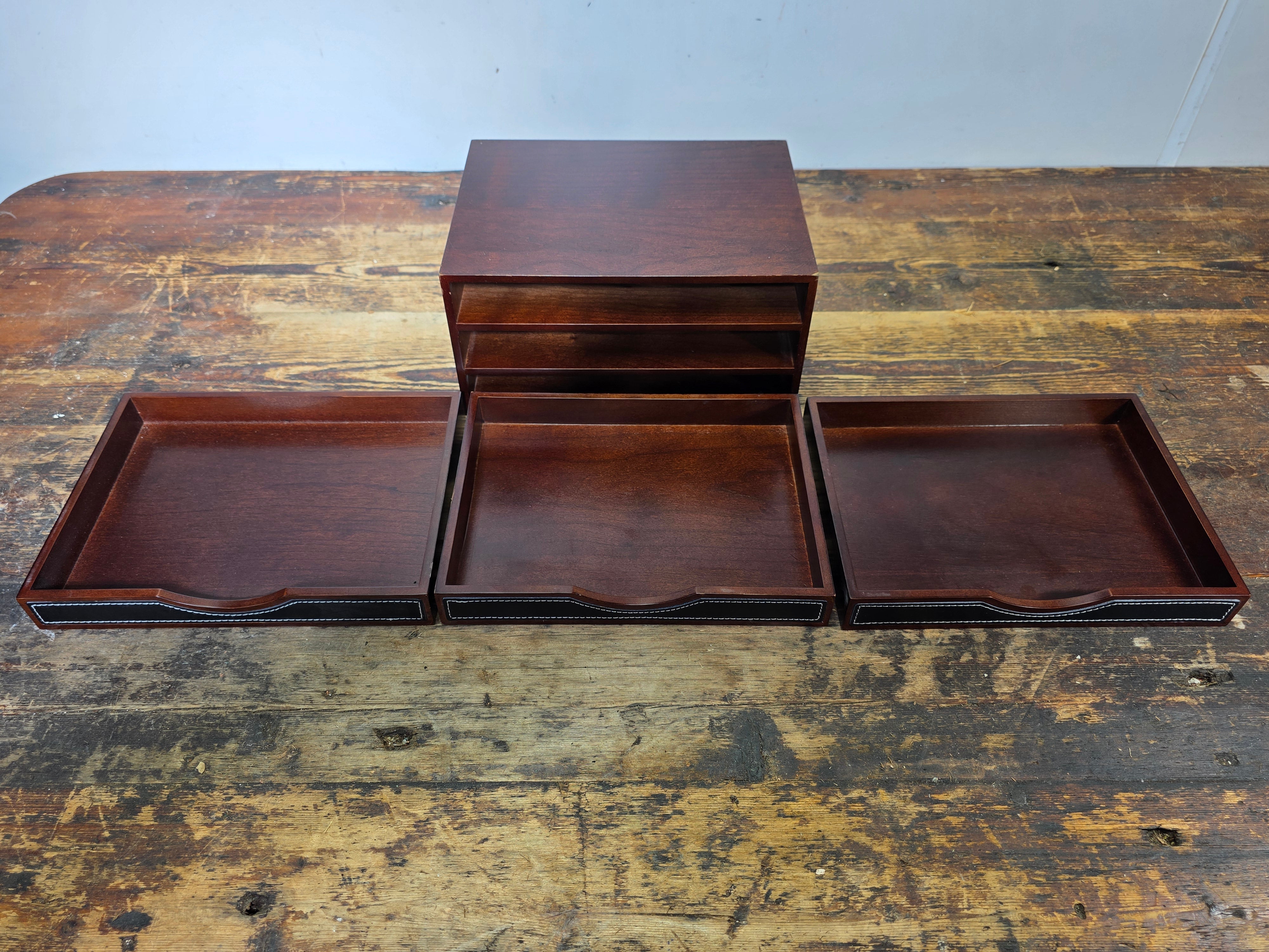 Levenger 3-Drawer Desktop Organizer Chest Wood & Stitched Leather Inlay