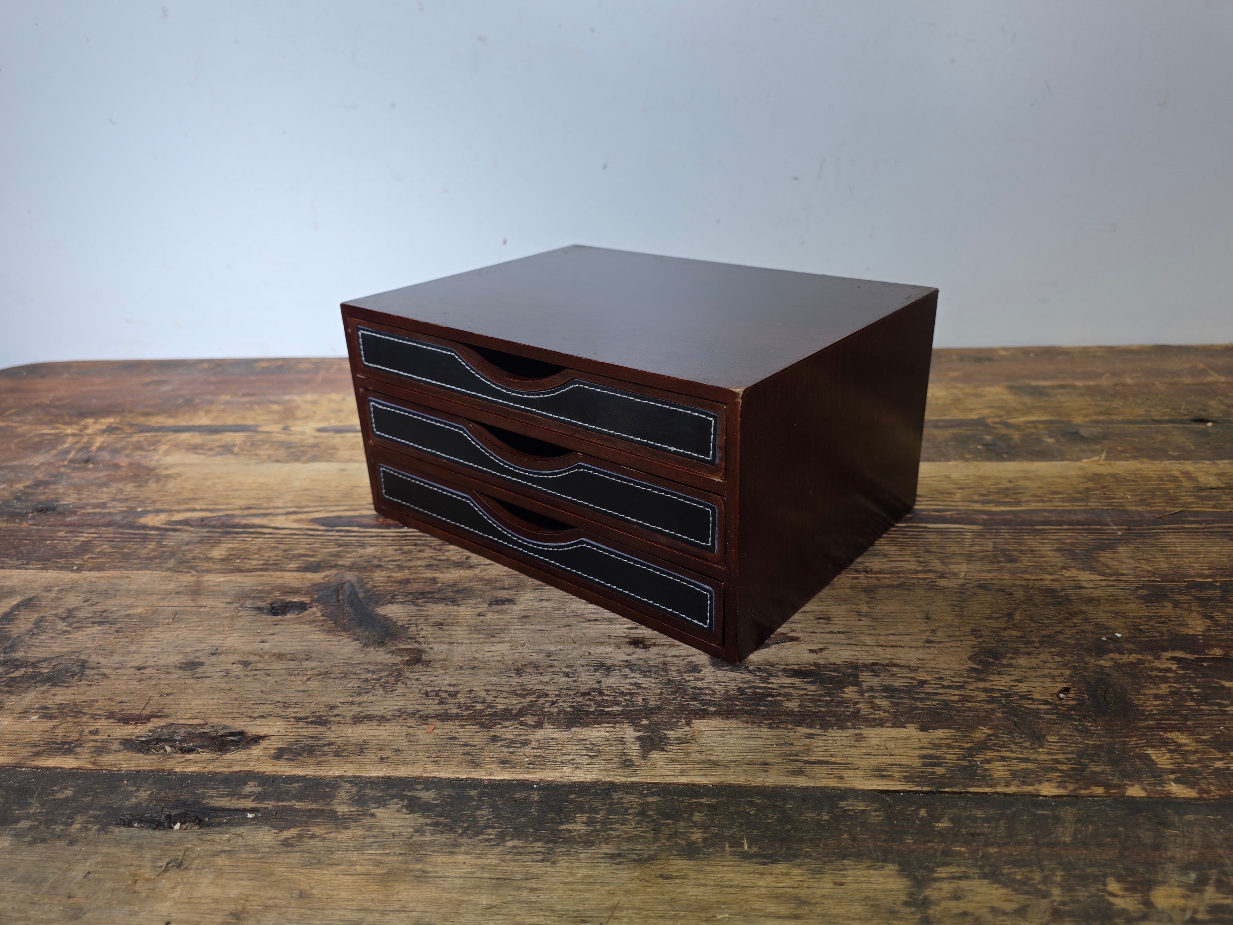 Levenger 3-Drawer Desktop Organizer Chest Wood & Stitched Leather Inlay