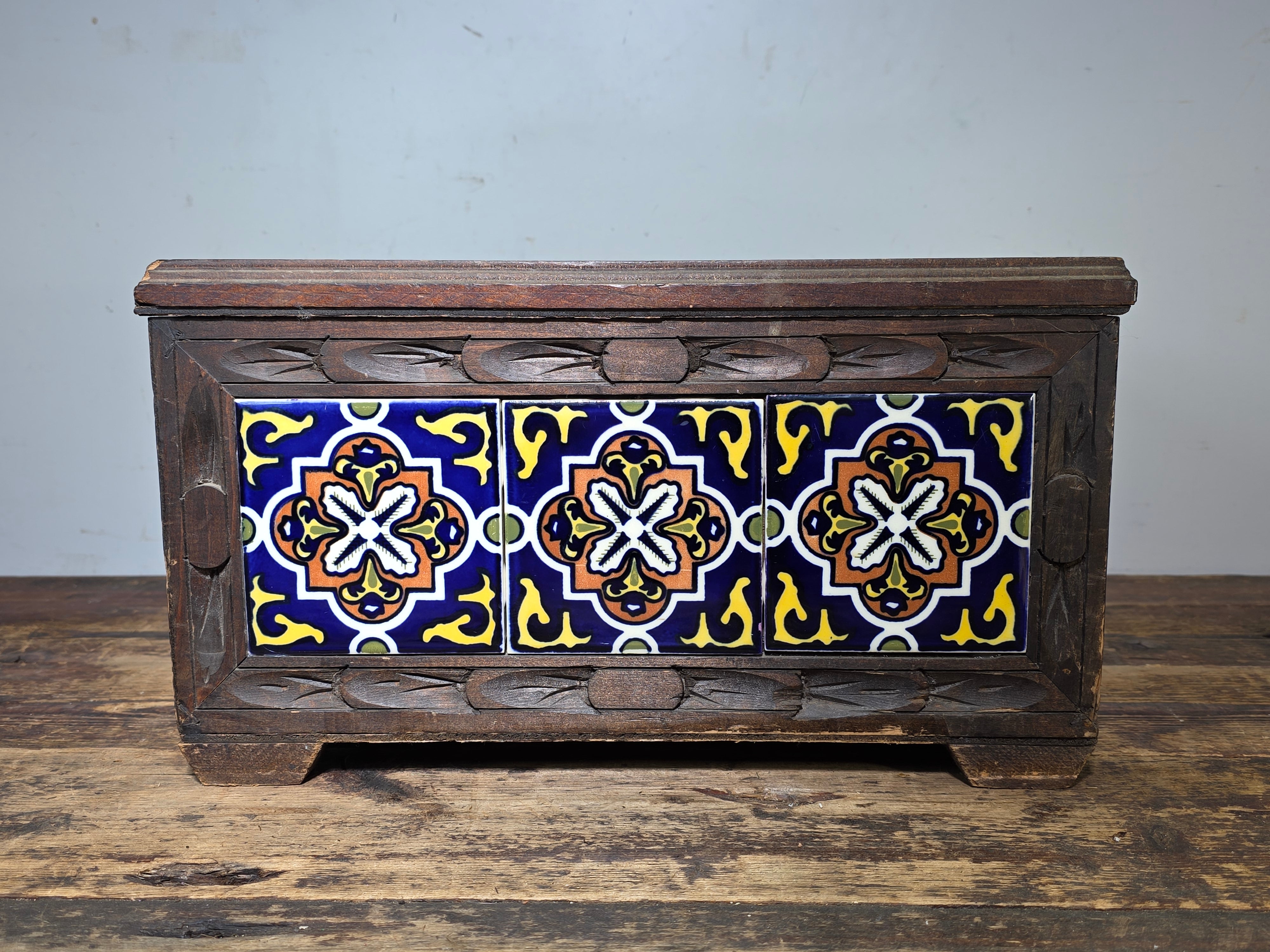 Vintage Hand-Carved Mexican Talavera Tile Inset Wood Trunk Chest Box