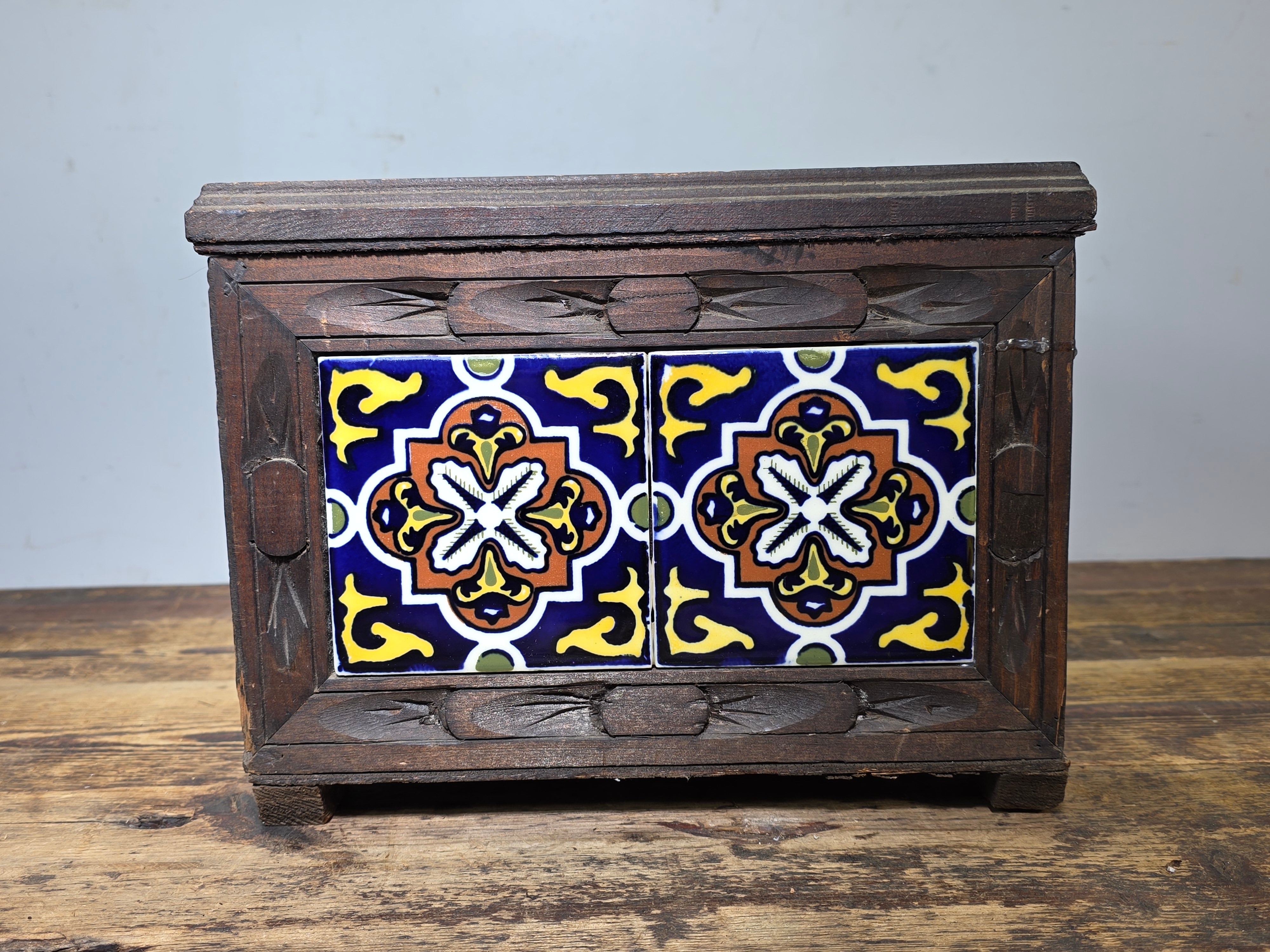Vintage Hand-Carved Mexican Talavera Tile Inset Wood Trunk Chest Box