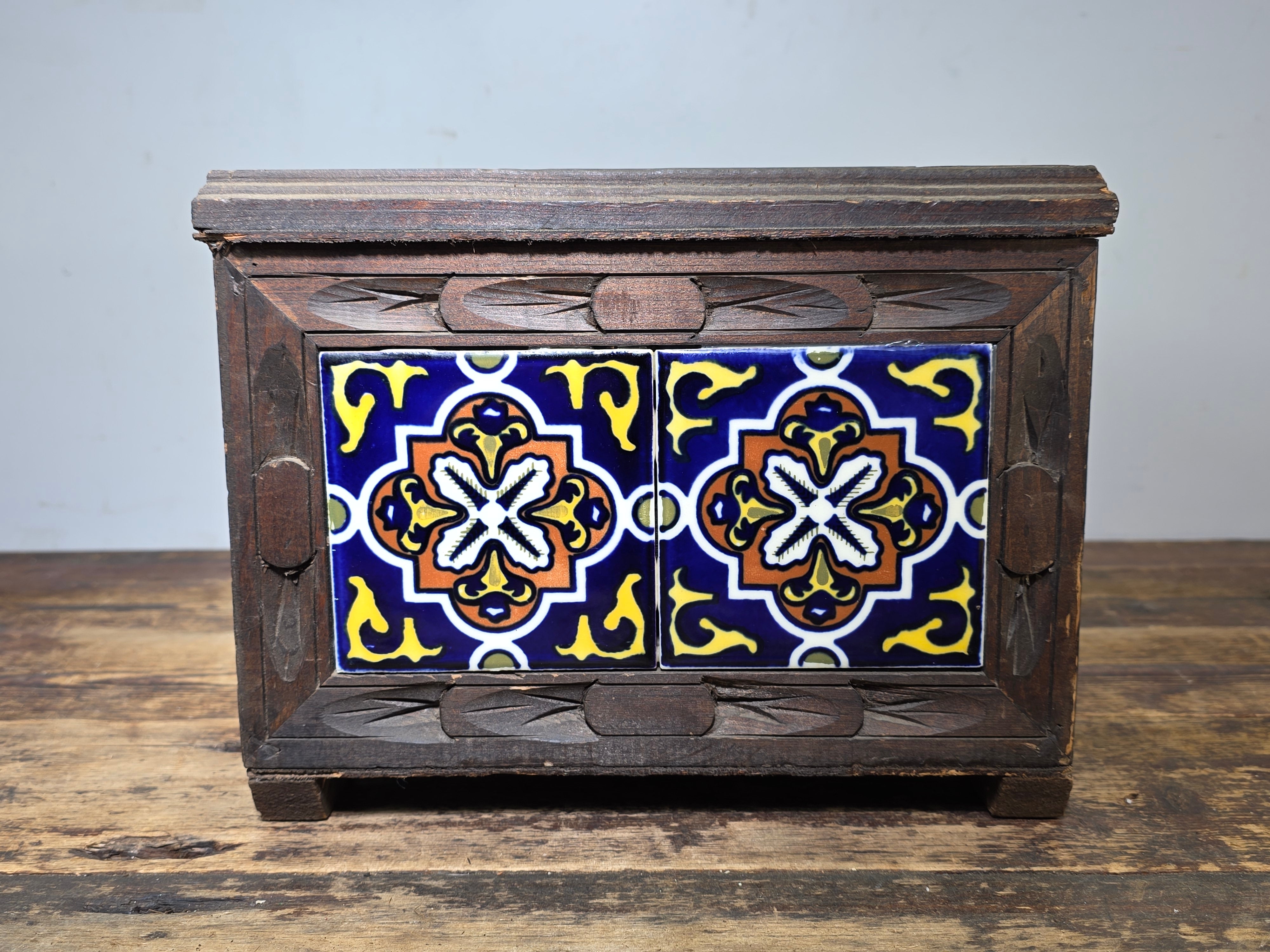 Vintage Hand-Carved Mexican Talavera Tile Inset Wood Trunk Chest Box