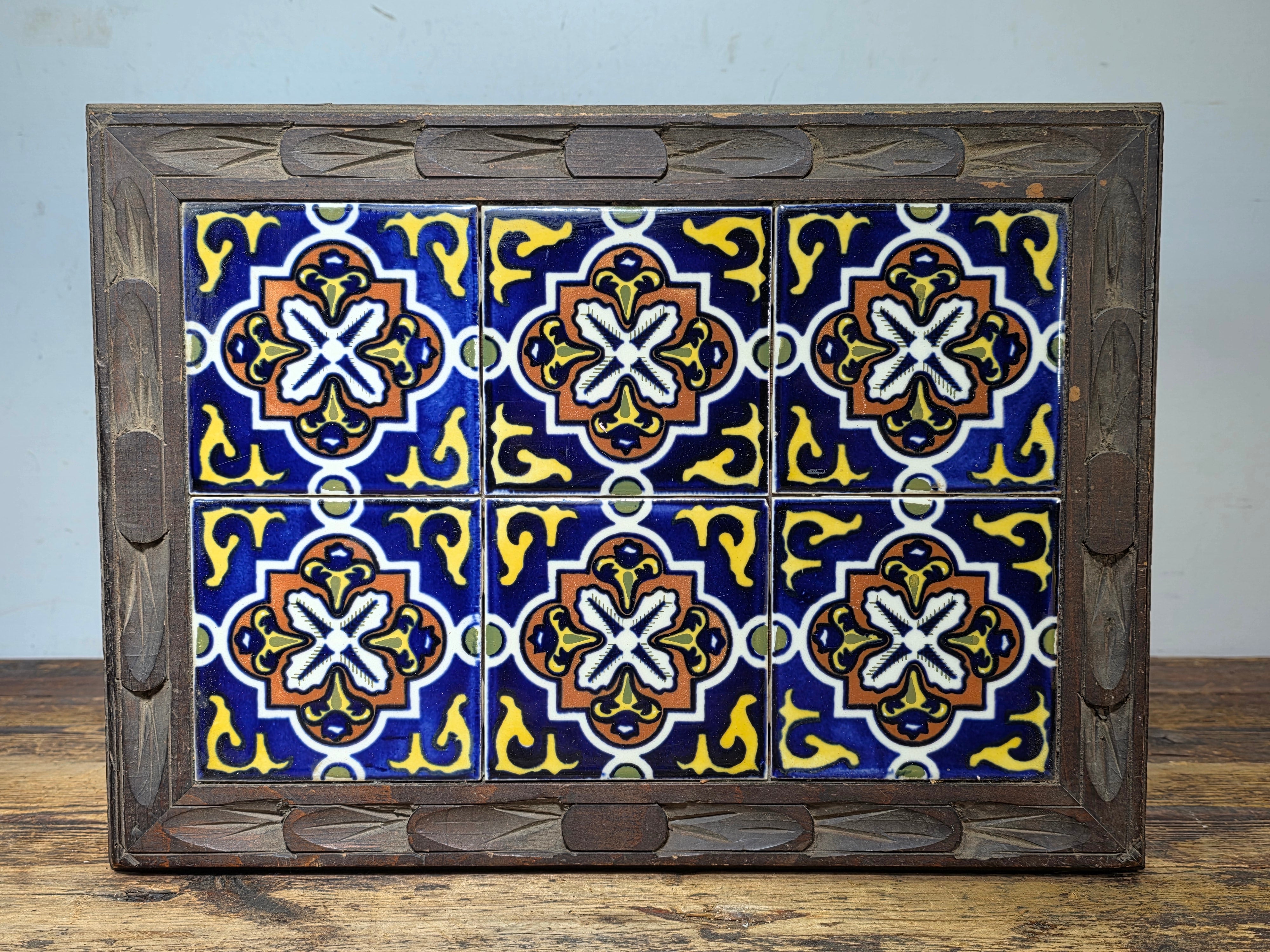 Vintage Hand-Carved Mexican Talavera Tile Inset Wood Trunk Chest Box
