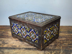 Vintage Hand-Carved Mexican Talavera Tile Inset Wood Trunk Chest Box