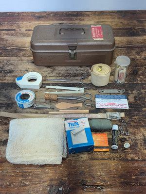 Vintage Medical First Aid Kit Steel Box with Contents Snake Bite Kit J&J 70s