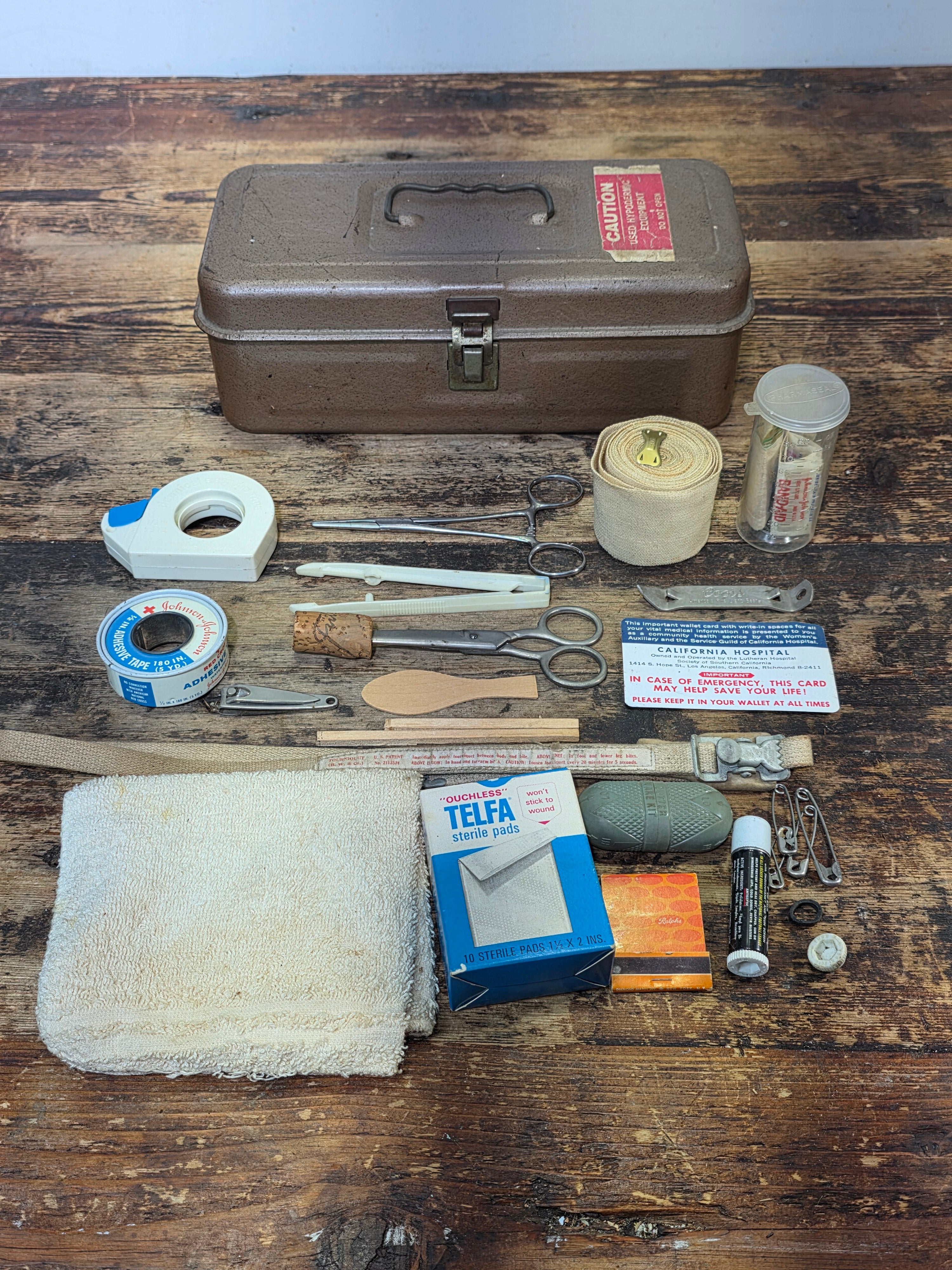 Vintage Medical First Aid Kit Steel Box with Contents Snake Bite Kit J&J 70s