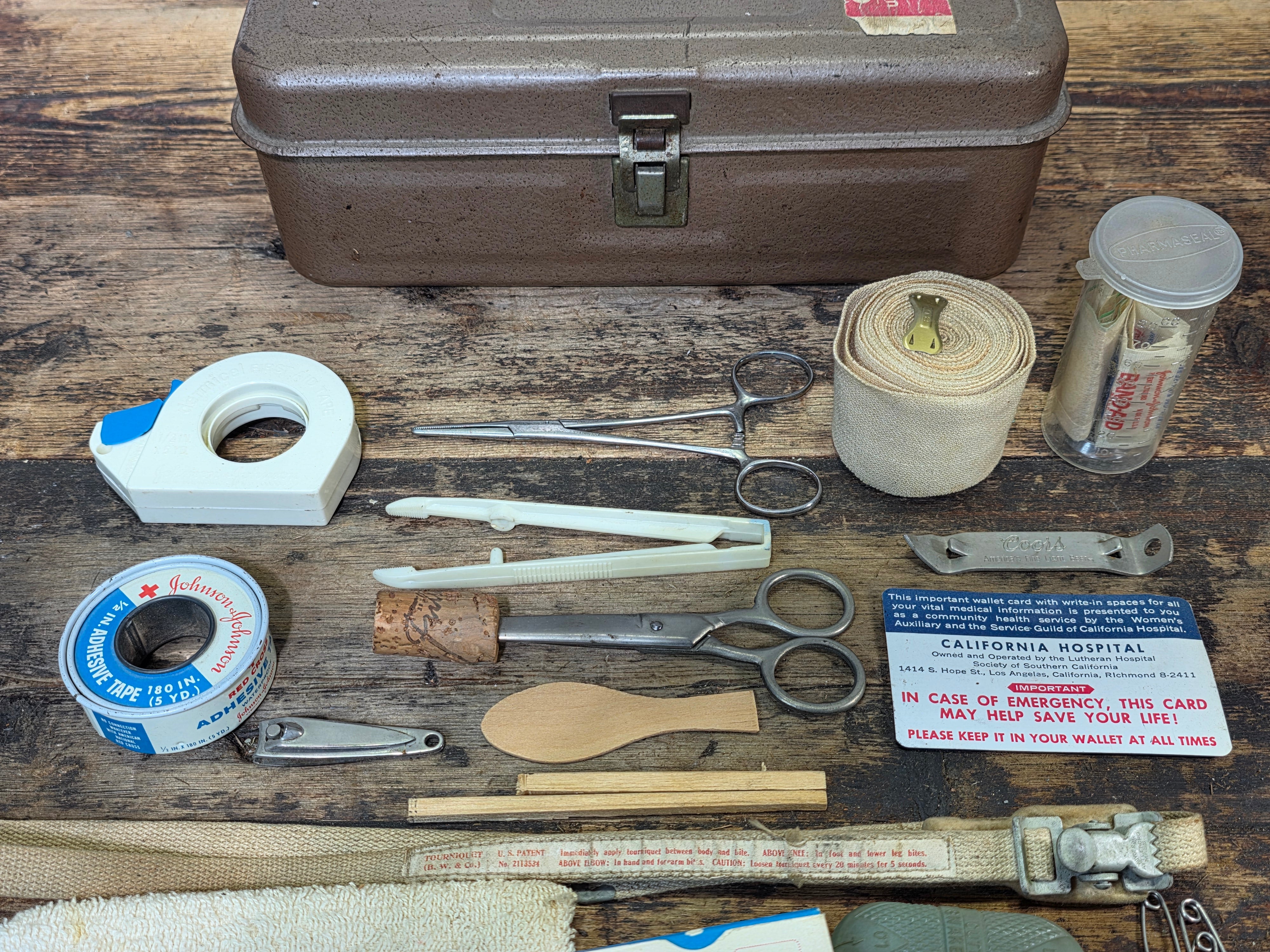 Vintage Medical First Aid Kit Steel Box with Contents Snake Bite Kit J&J 70s