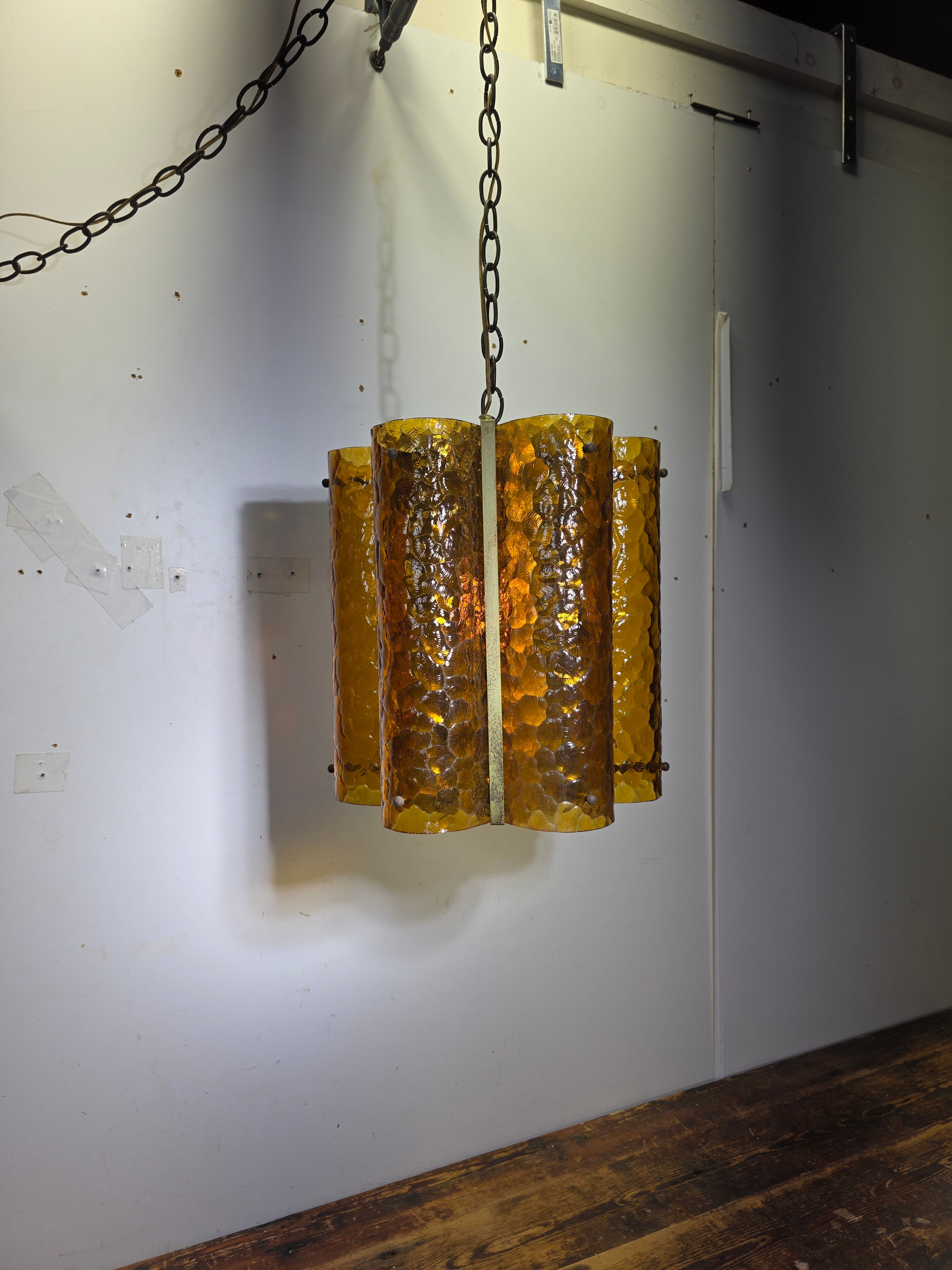 Vintage Mid Century Amber Textured Glass Swag Lamp Pendant Light MCM 60s Huge