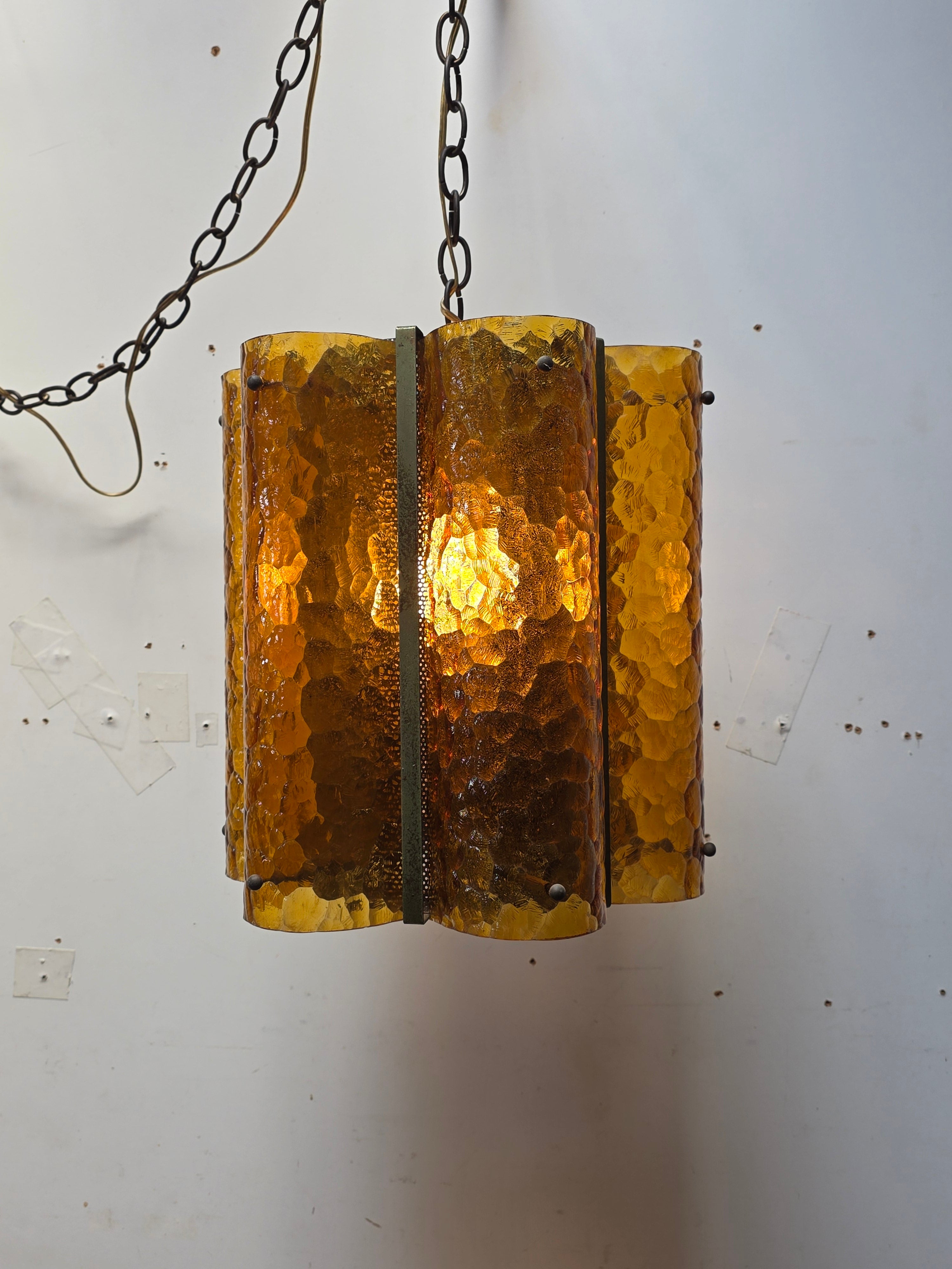 Vintage Mid Century Amber Textured Glass Swag Lamp Pendant Light MCM 60s Huge