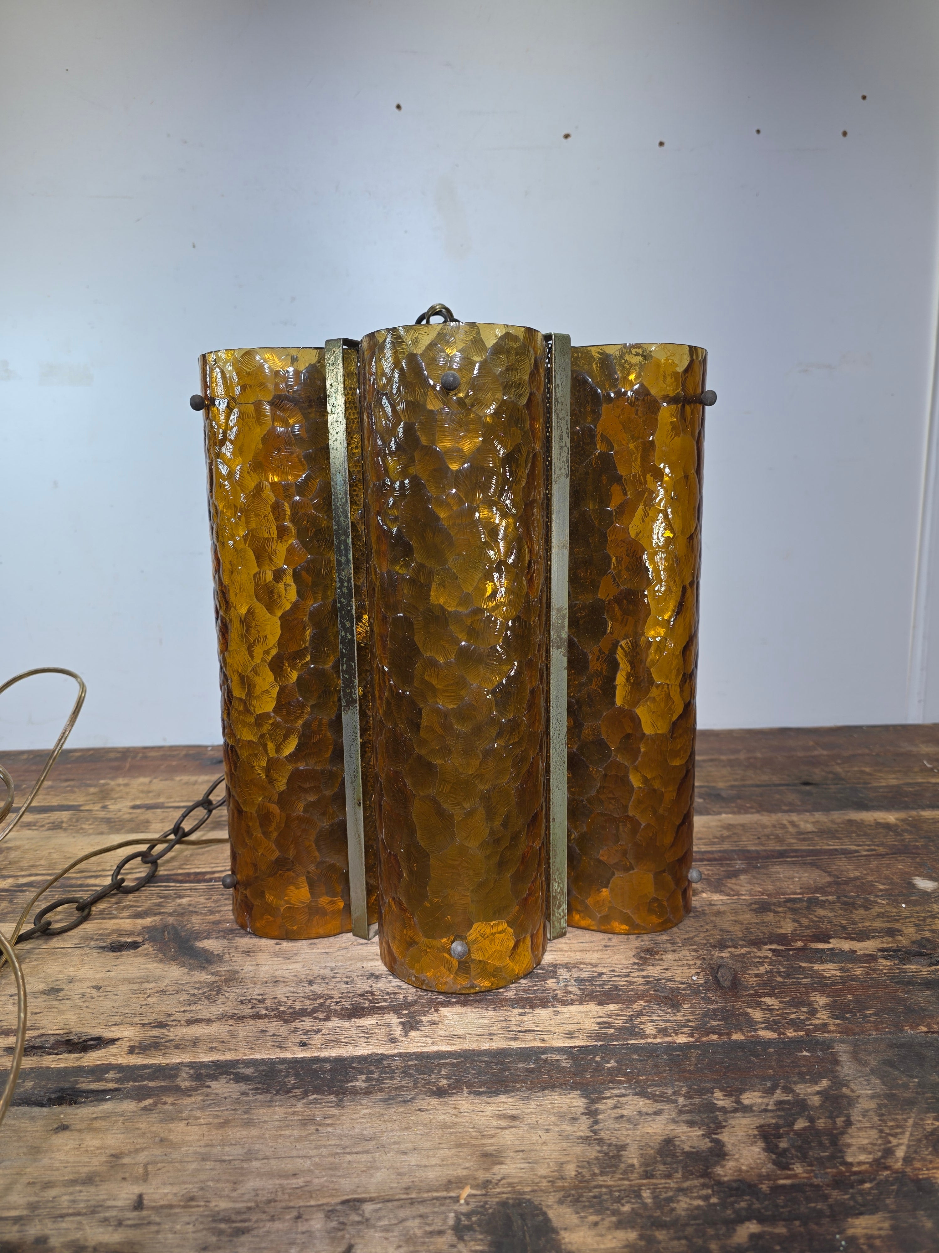 Vintage Mid Century Amber Textured Glass Swag Lamp Pendant Light MCM 60s Huge