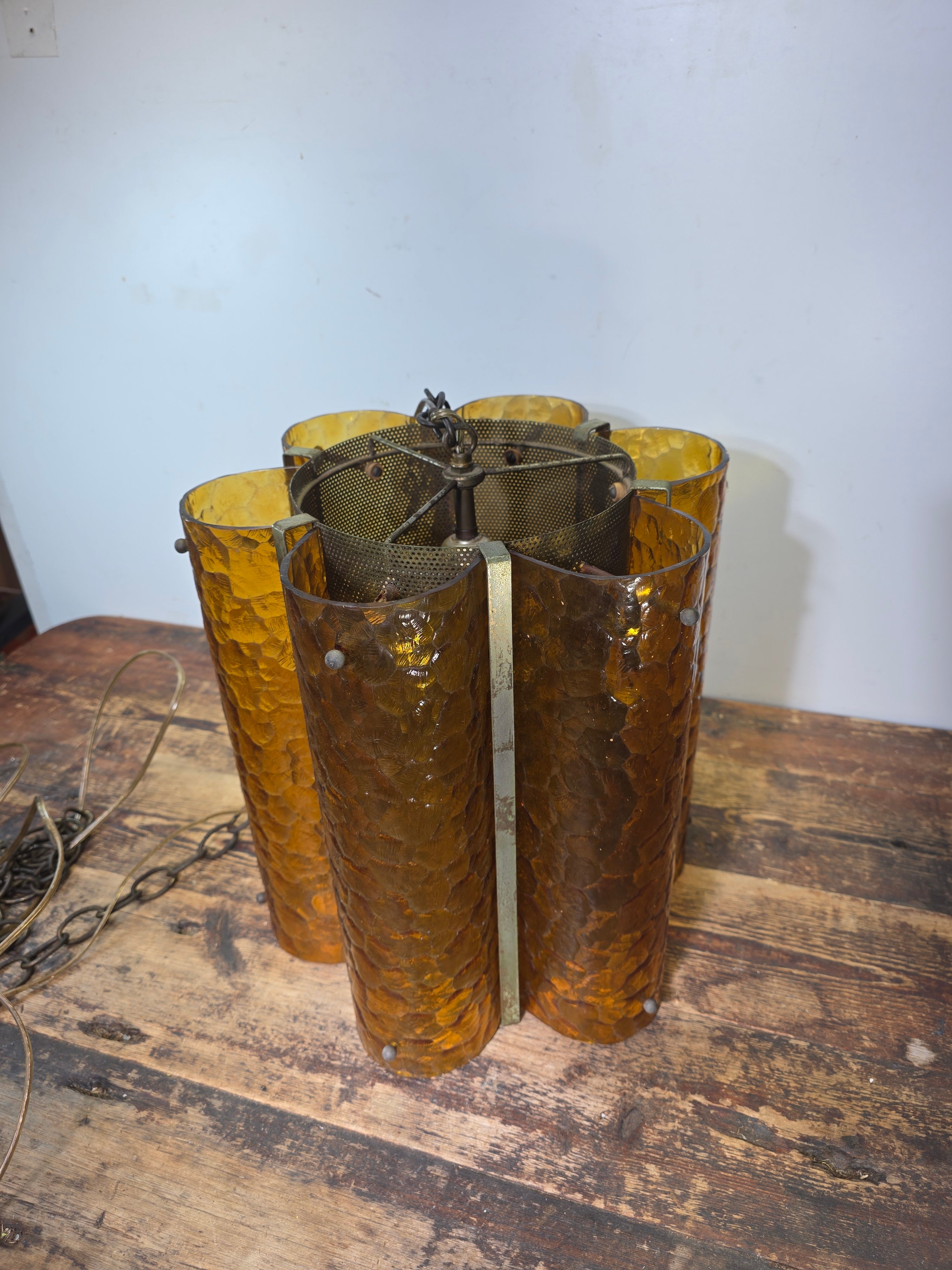 Vintage Mid Century Amber Textured Glass Swag Lamp Pendant Light MCM 60s Huge