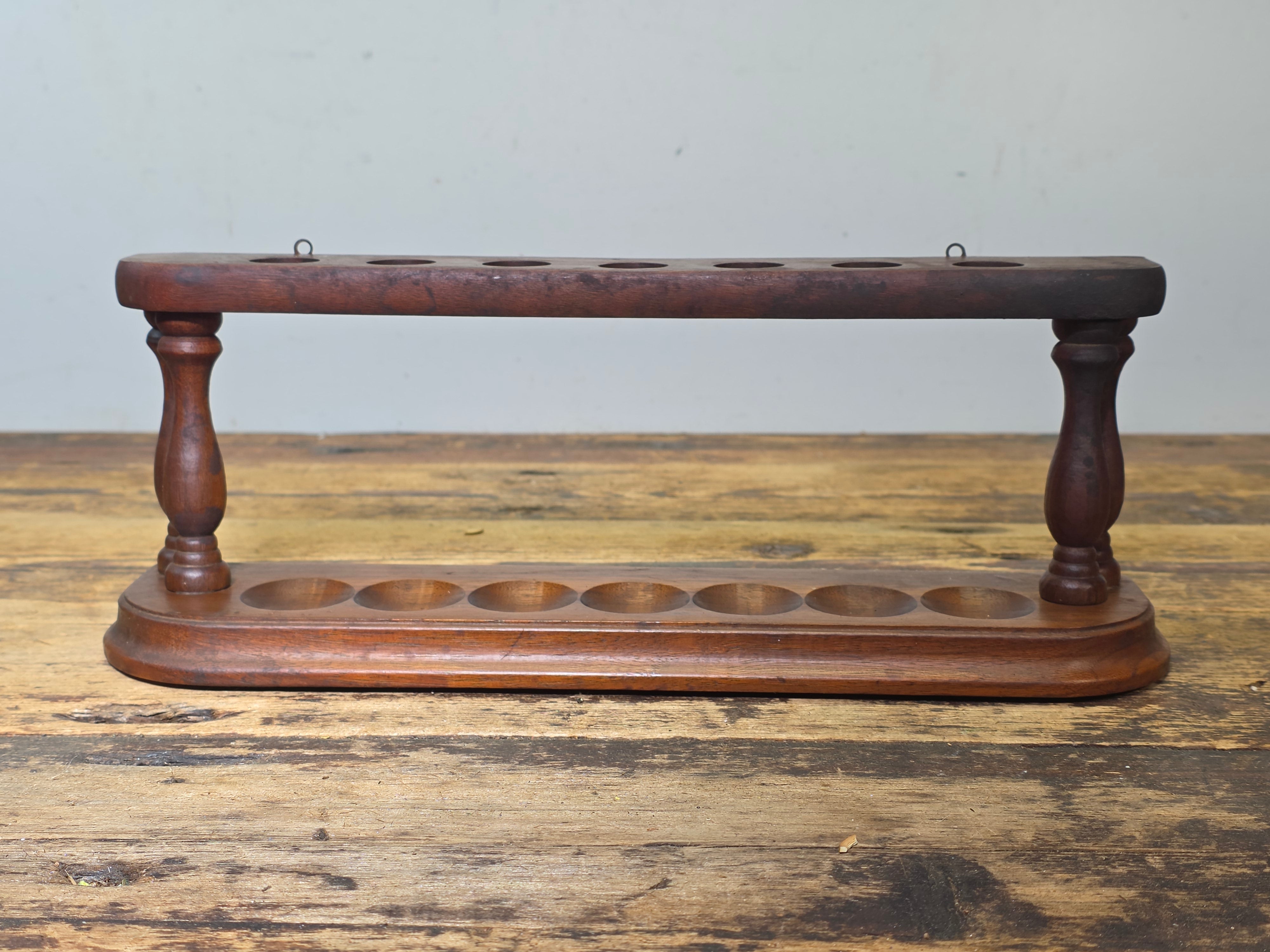 Vintage Mid Century Modern Wood Pipe Rack Holder Wall Mount Stand 7 Slot MCM