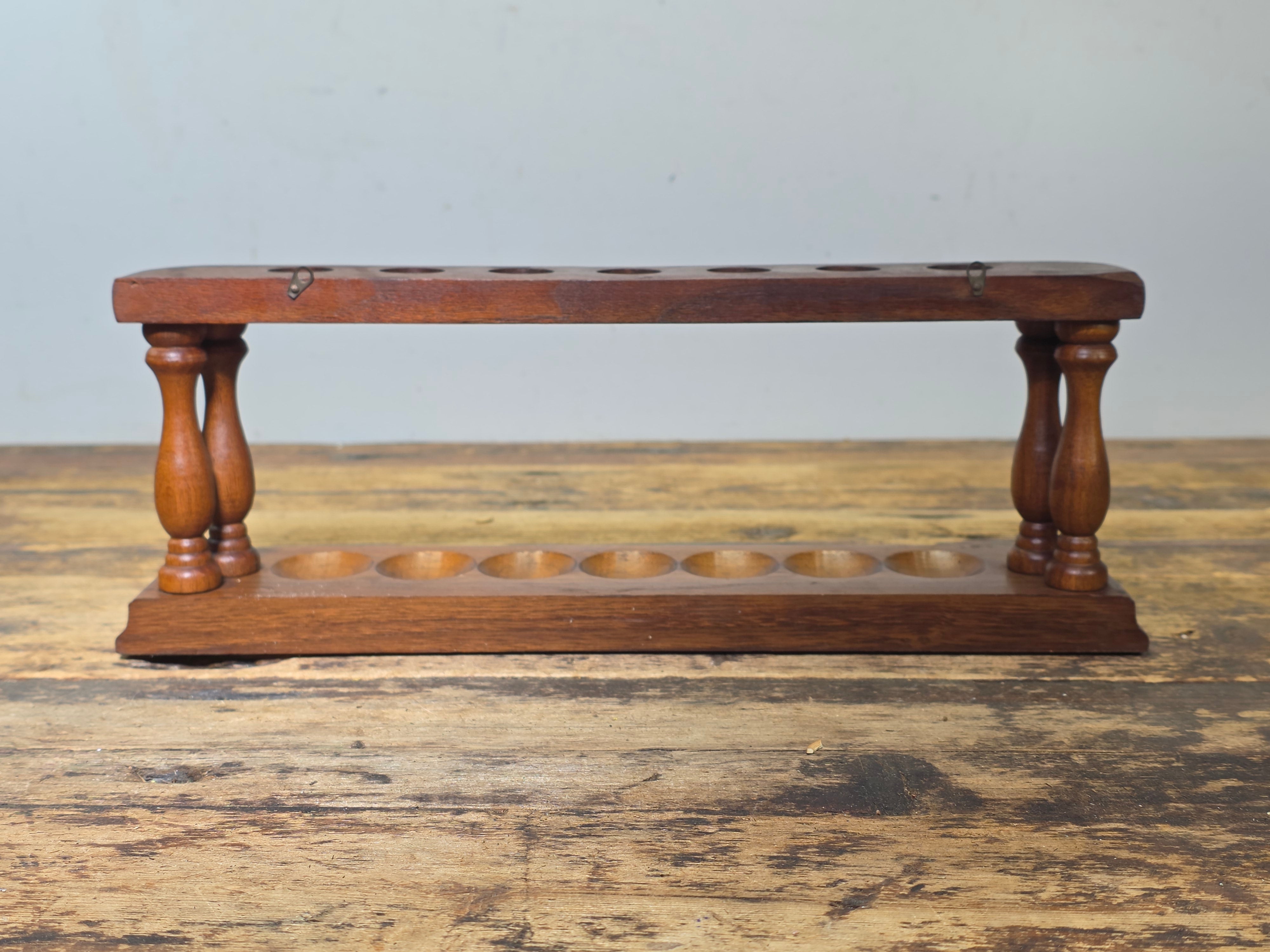 Vintage Mid Century Modern Wood Pipe Rack Holder Wall Mount Stand 7 Slot MCM