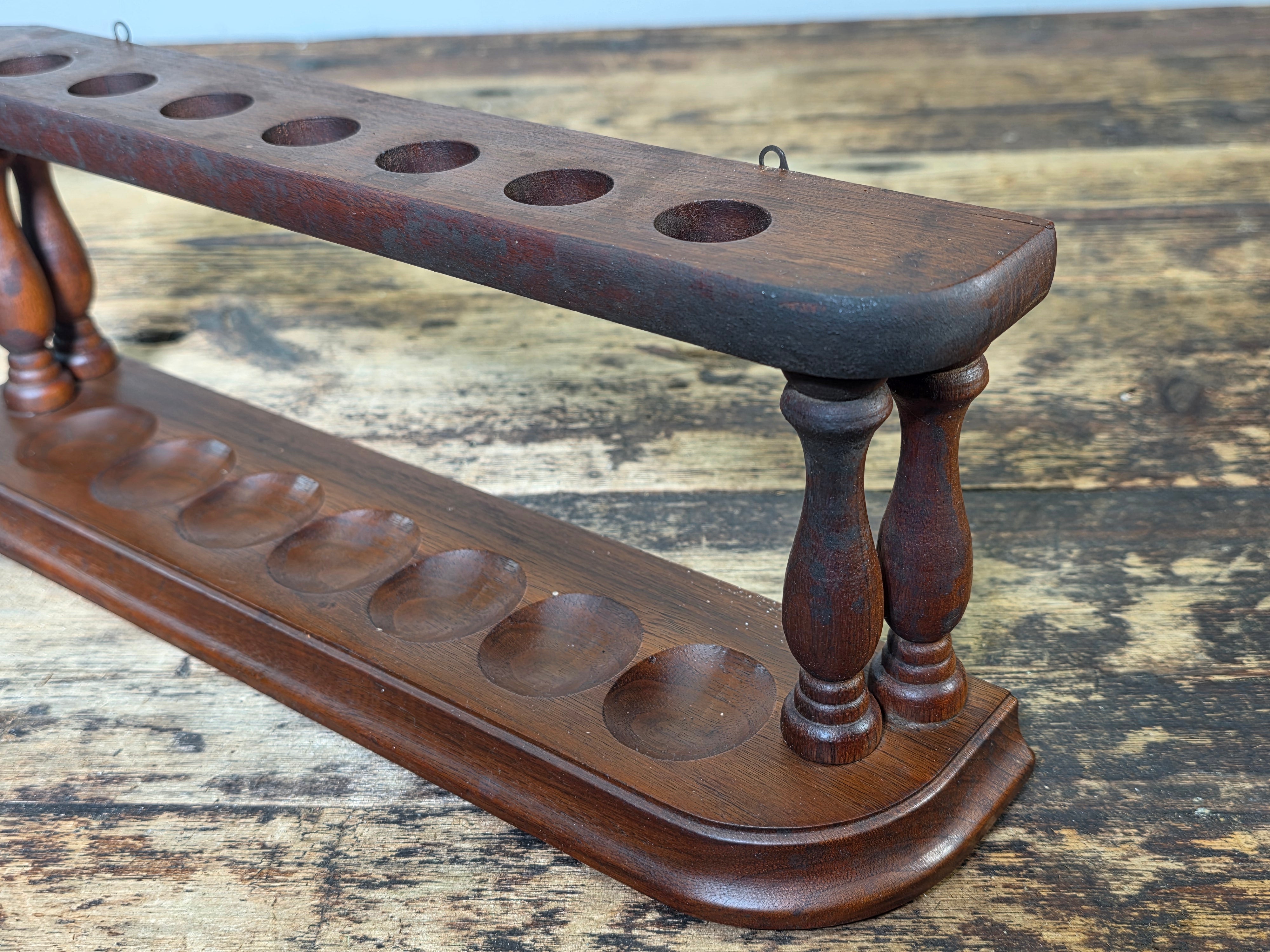 Vintage Mid Century Modern Wood Pipe Rack Holder Wall Mount Stand 7 Slot MCM