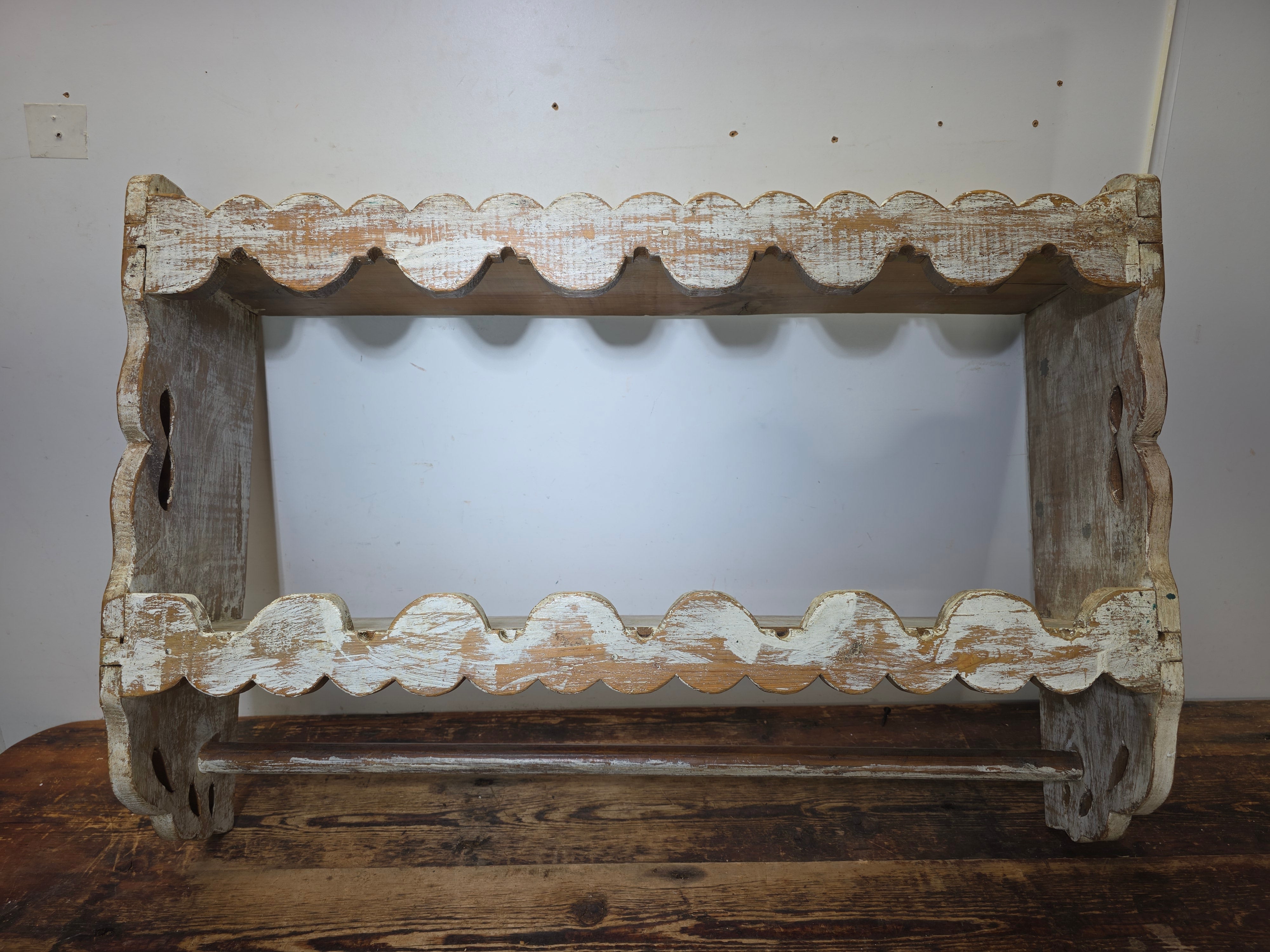 Vintage Mexican Wood Wall Shelf Scalloped Pine Rustic Farmhouse Towel Bar Mexico