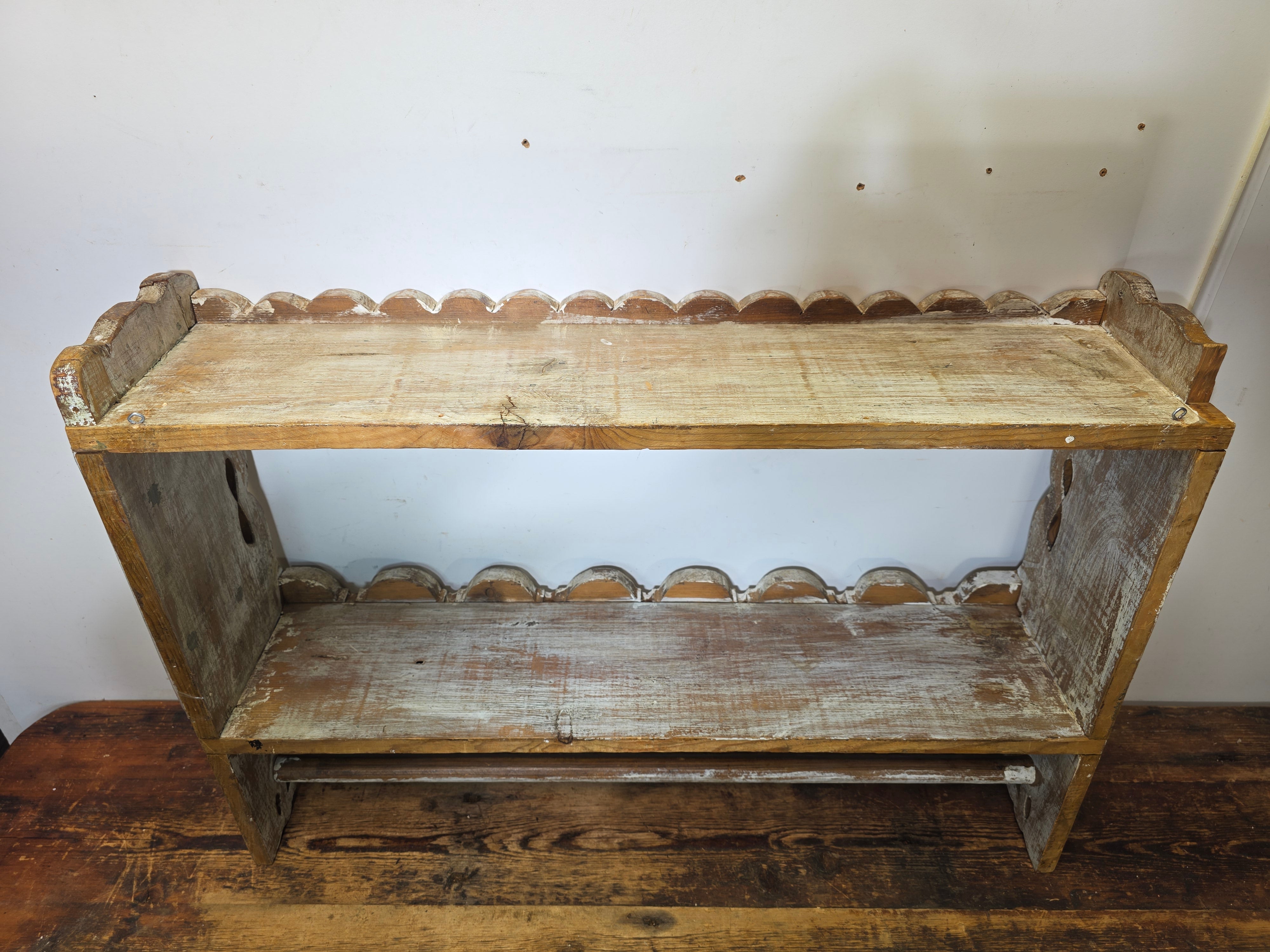 Vintage Mexican Wood Wall Shelf Scalloped Pine Rustic Farmhouse Towel Bar Mexico