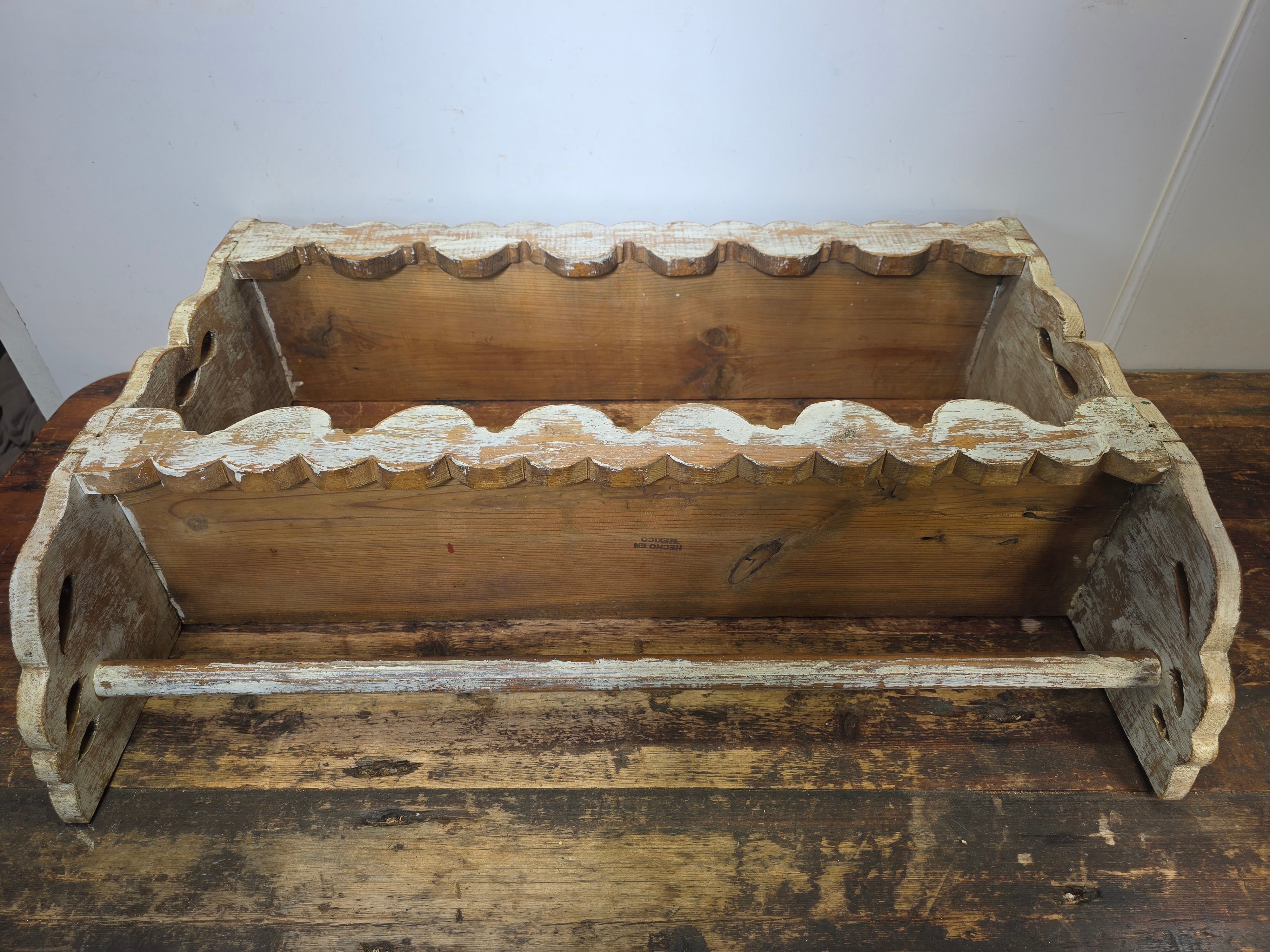 Vintage Mexican Wood Wall Shelf Scalloped Pine Rustic Farmhouse Towel Bar Mexico