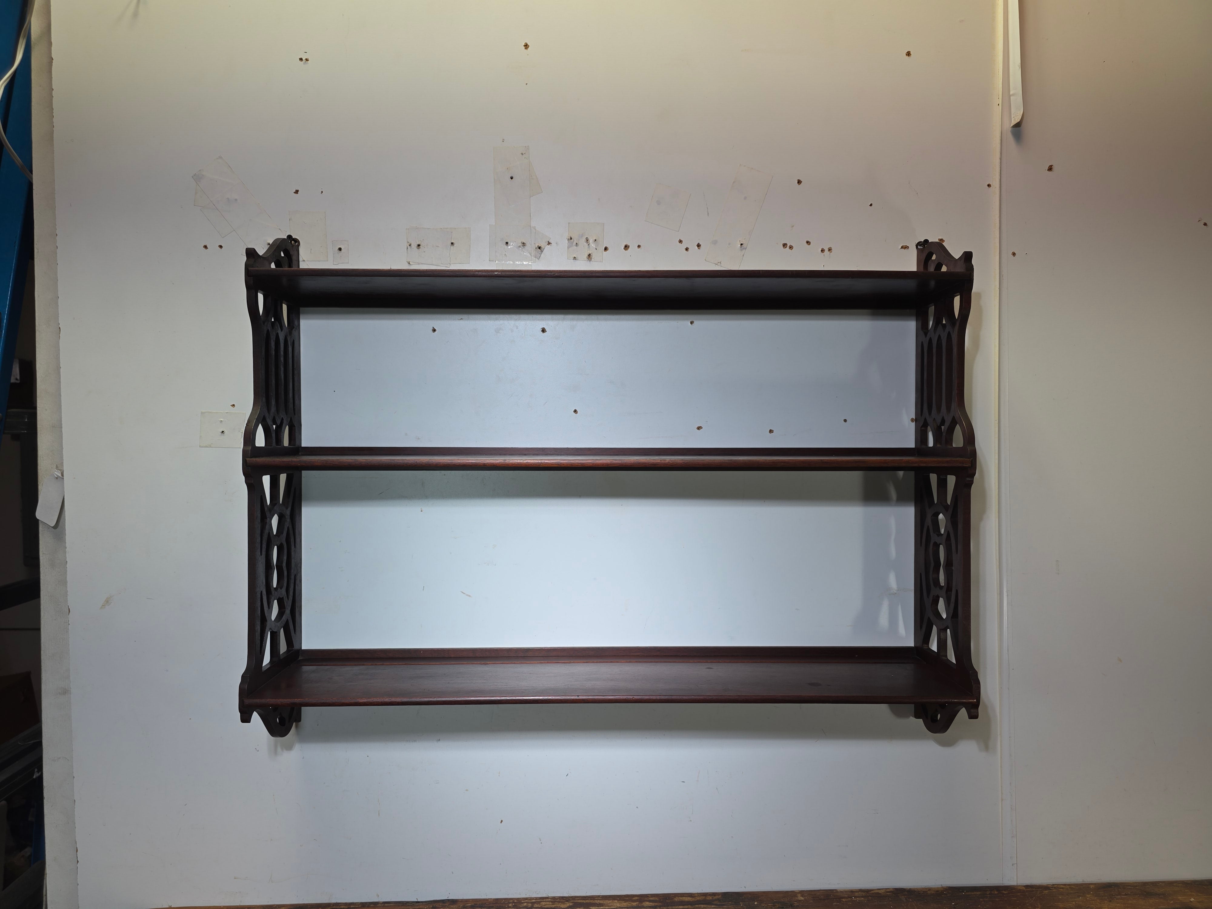 Vintage Gothic Chippendale Wall Shelf 3 Tier Display 33" Plate Groove Dark Wood