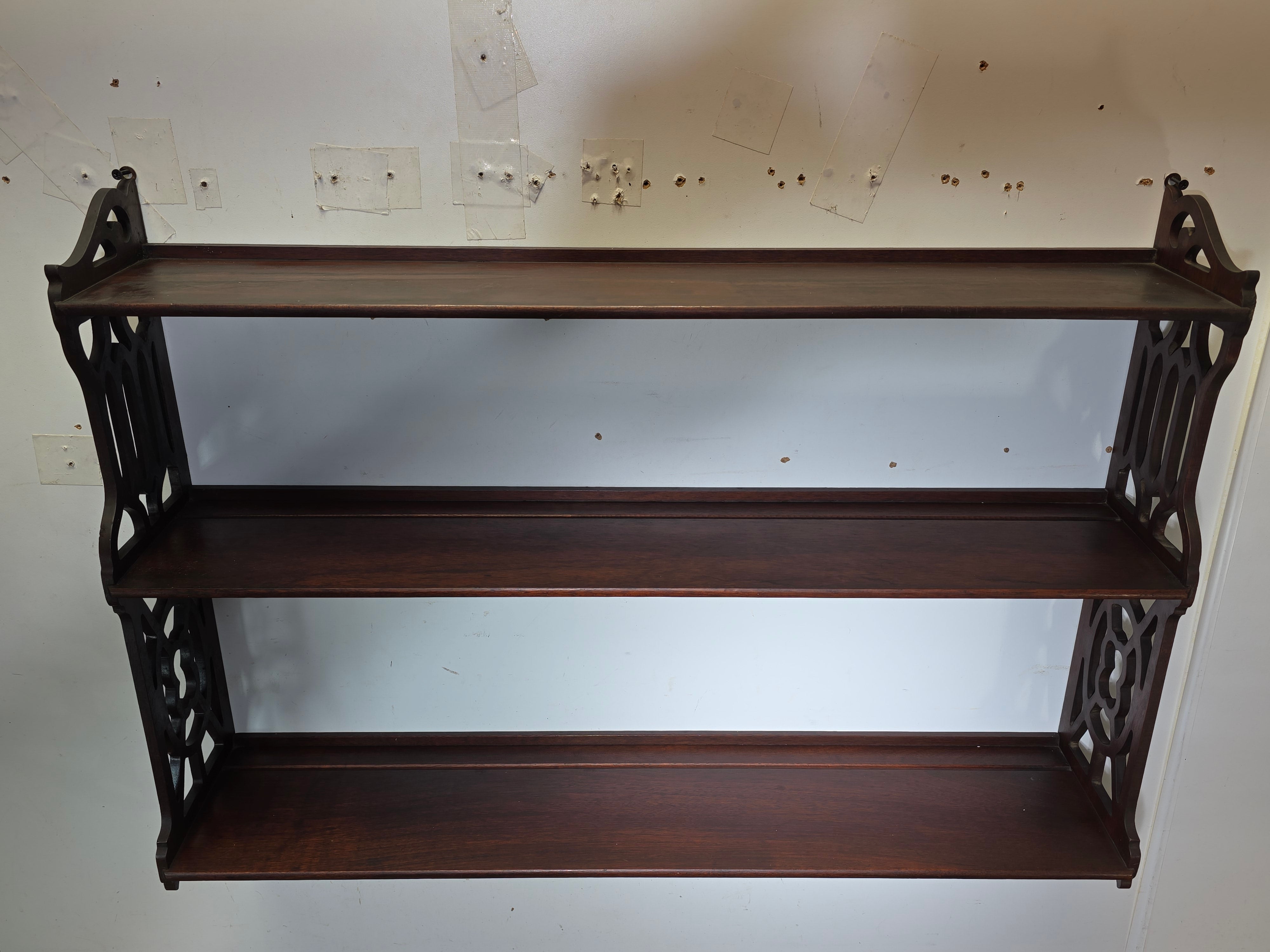 Vintage Gothic Chippendale Wall Shelf 3 Tier Display 33" Plate Groove Dark Wood