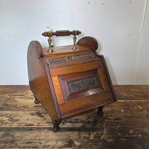 Antique Victorian Oak Coal Scuttle Box Brass Handle w/ Shovel 1900s