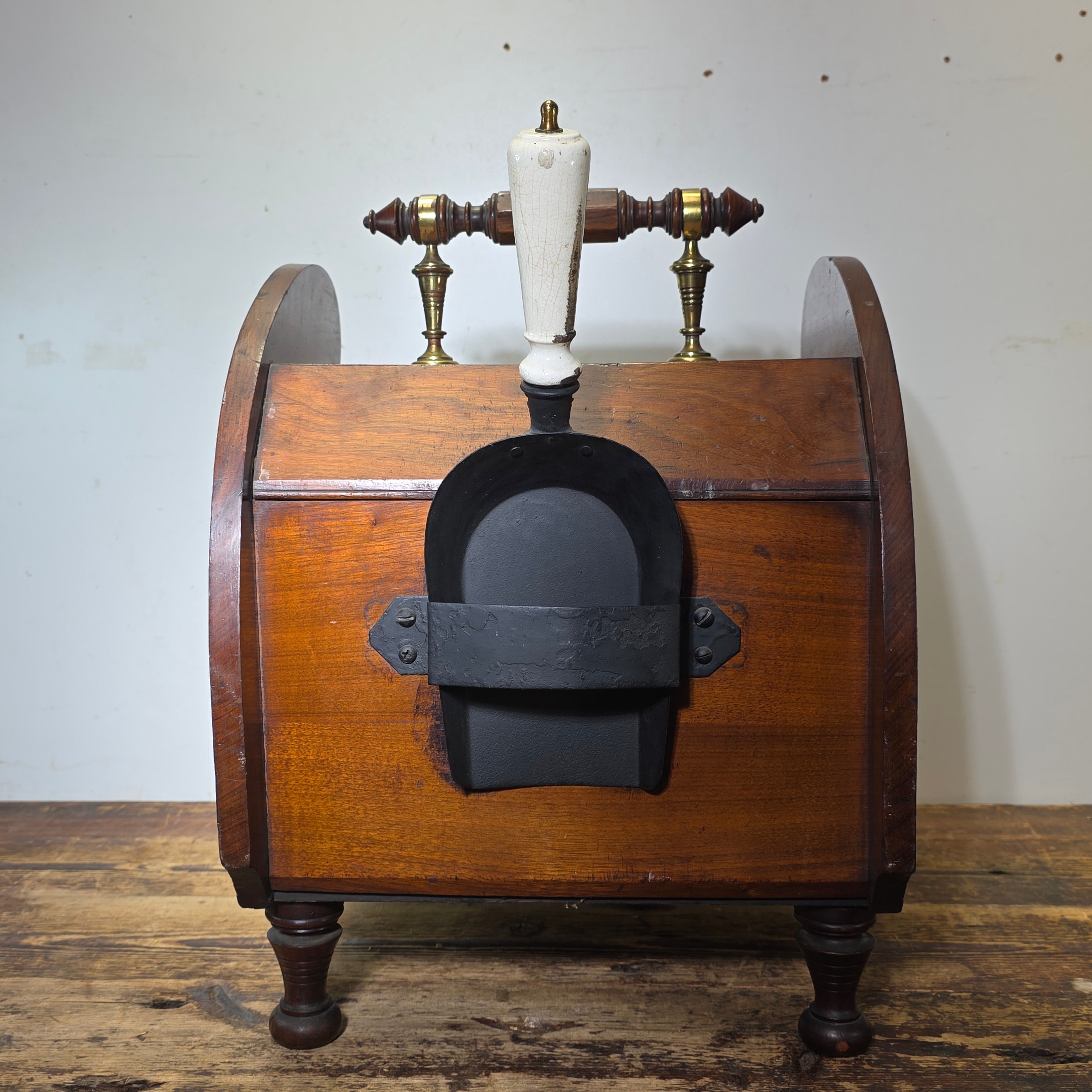 Antique Victorian Oak Coal Scuttle Box Brass Handle w/ Shovel 1900s