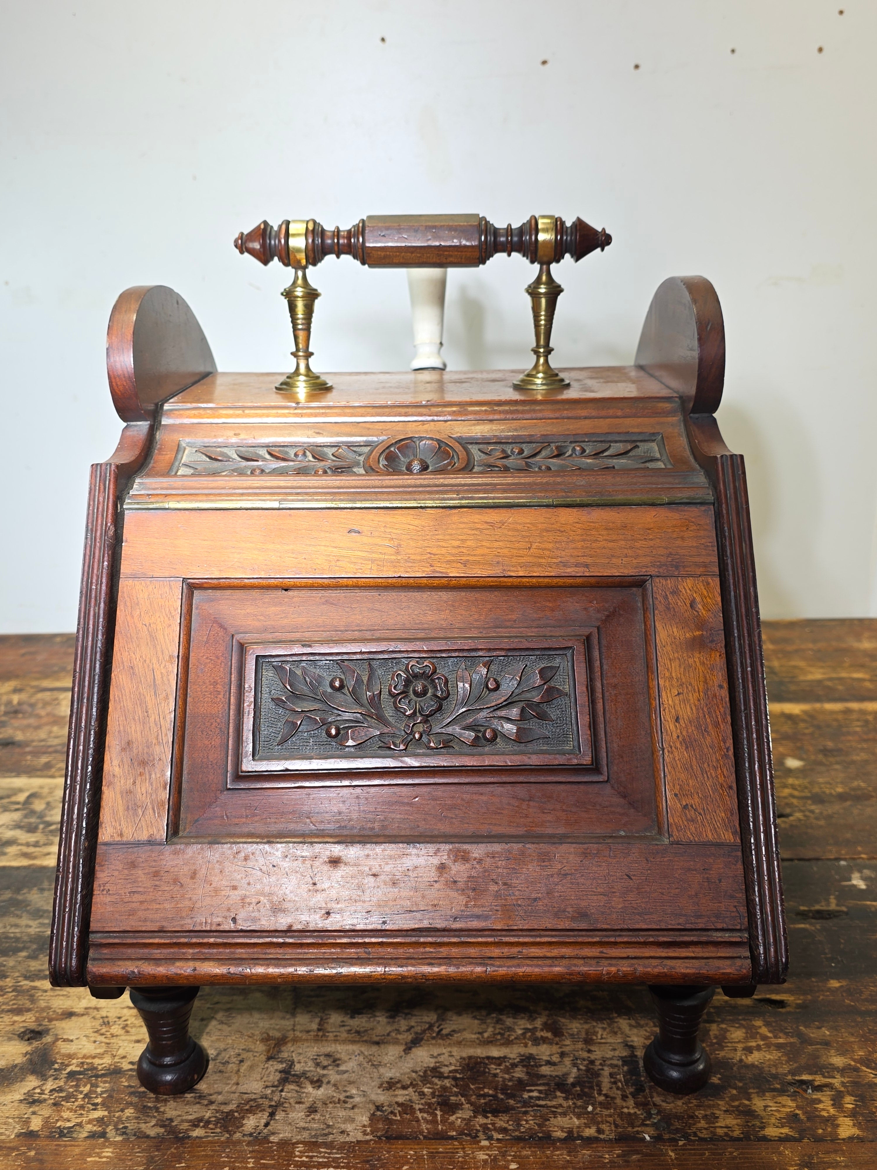 Antique Victorian Oak Coal Scuttle Box Brass Handle w/ Shovel 1900s