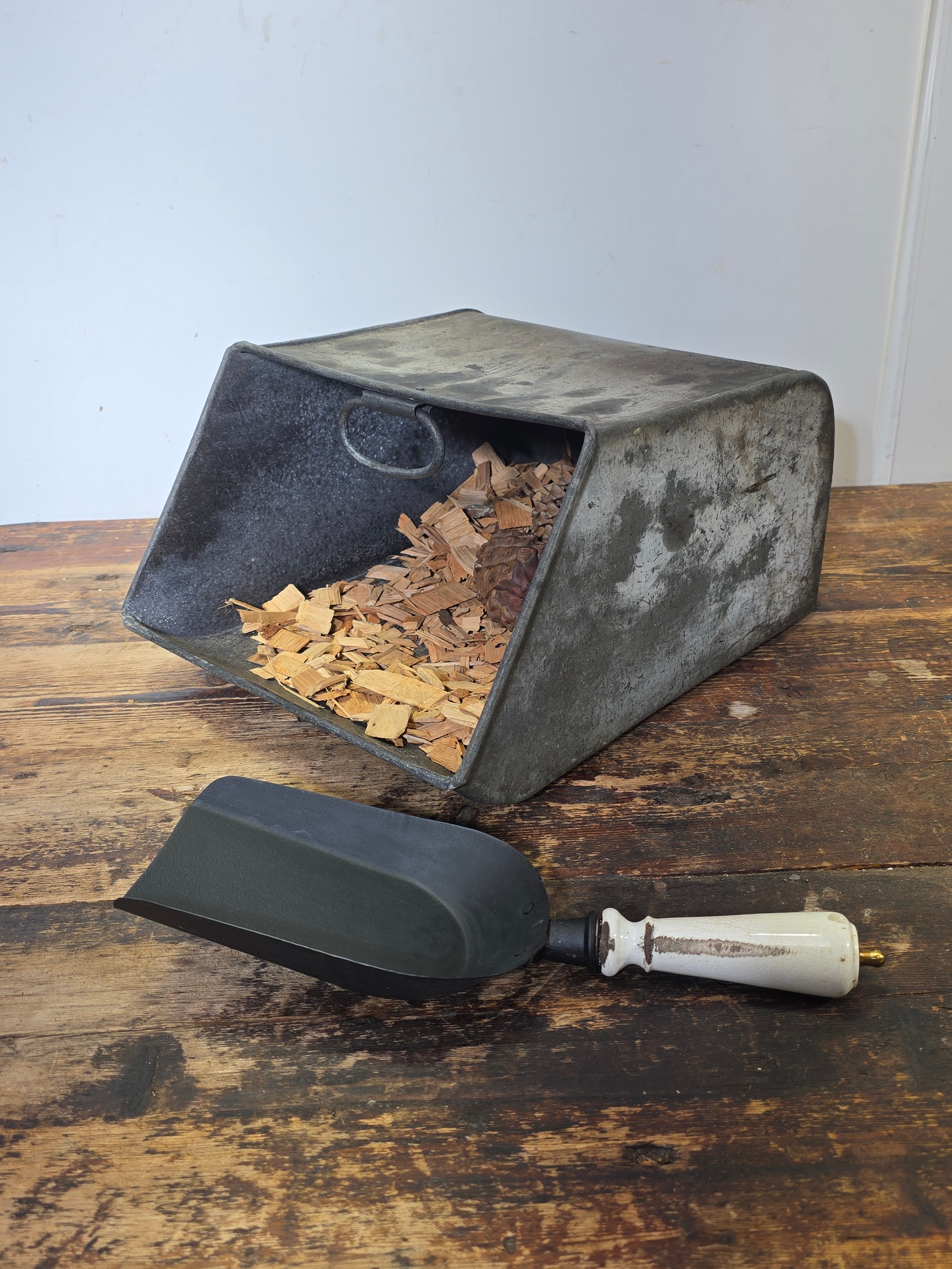Antique Victorian Oak Coal Scuttle Box Brass Handle w/ Shovel 1900s