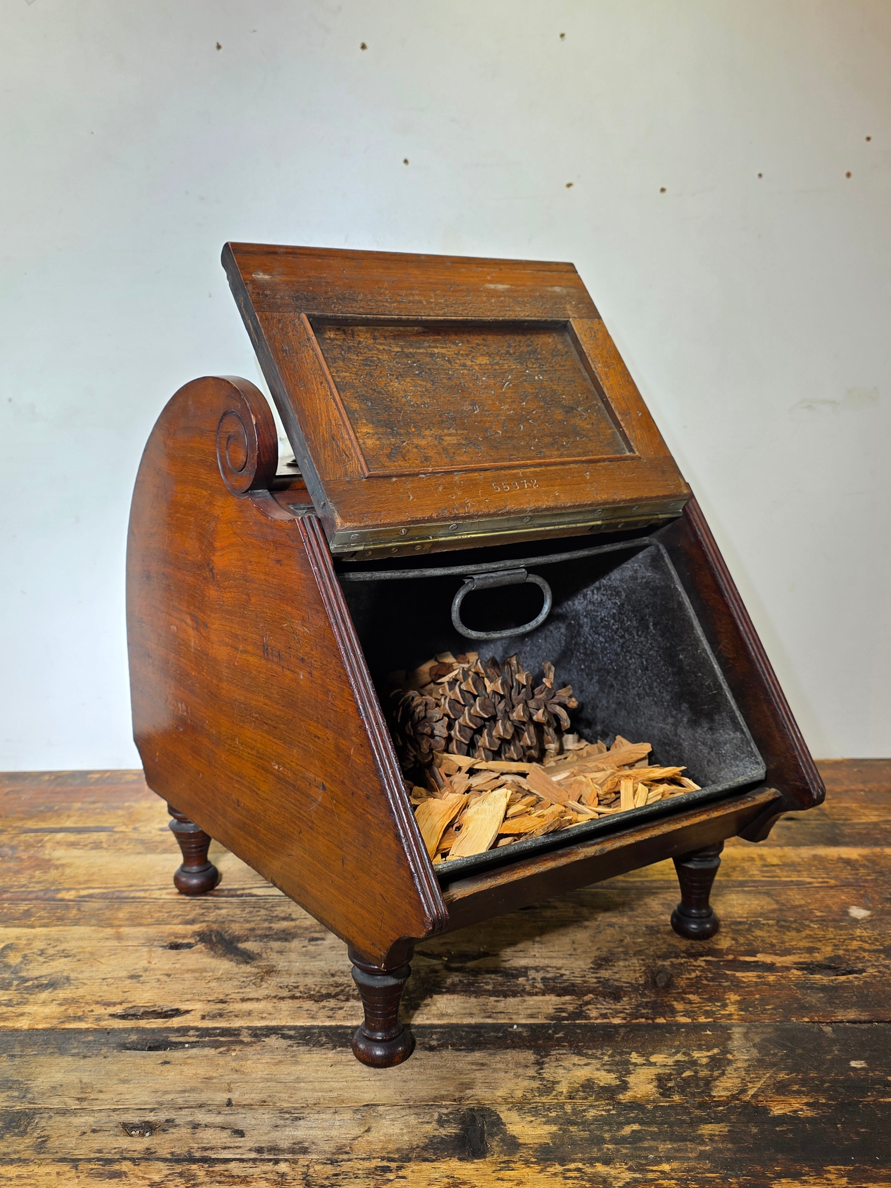 Antique Victorian Oak Coal Scuttle Box Brass Handle w/ Shovel 1900s