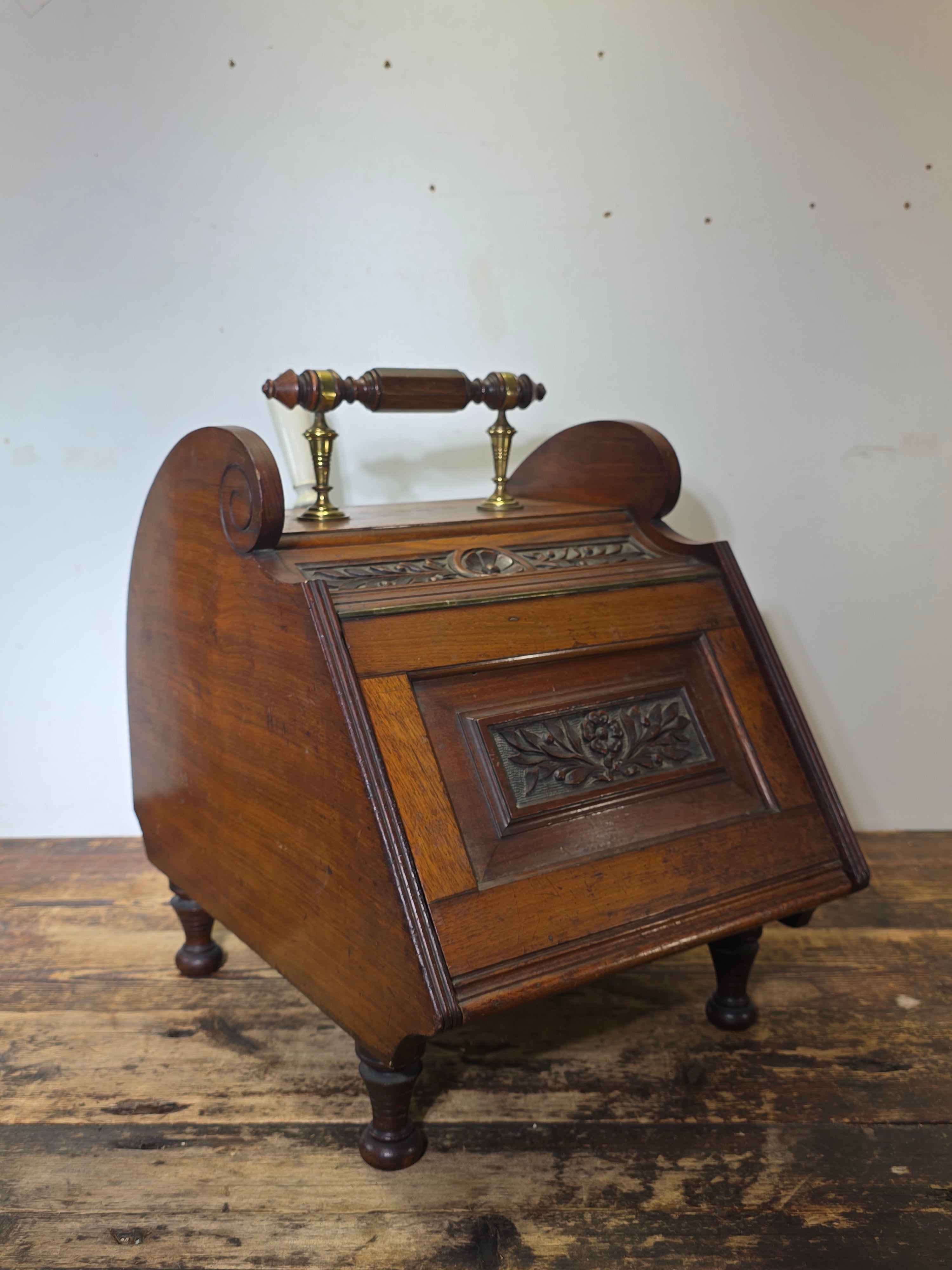 Antique Victorian Oak Coal Scuttle Box Brass Handle w/ Shovel 1900s