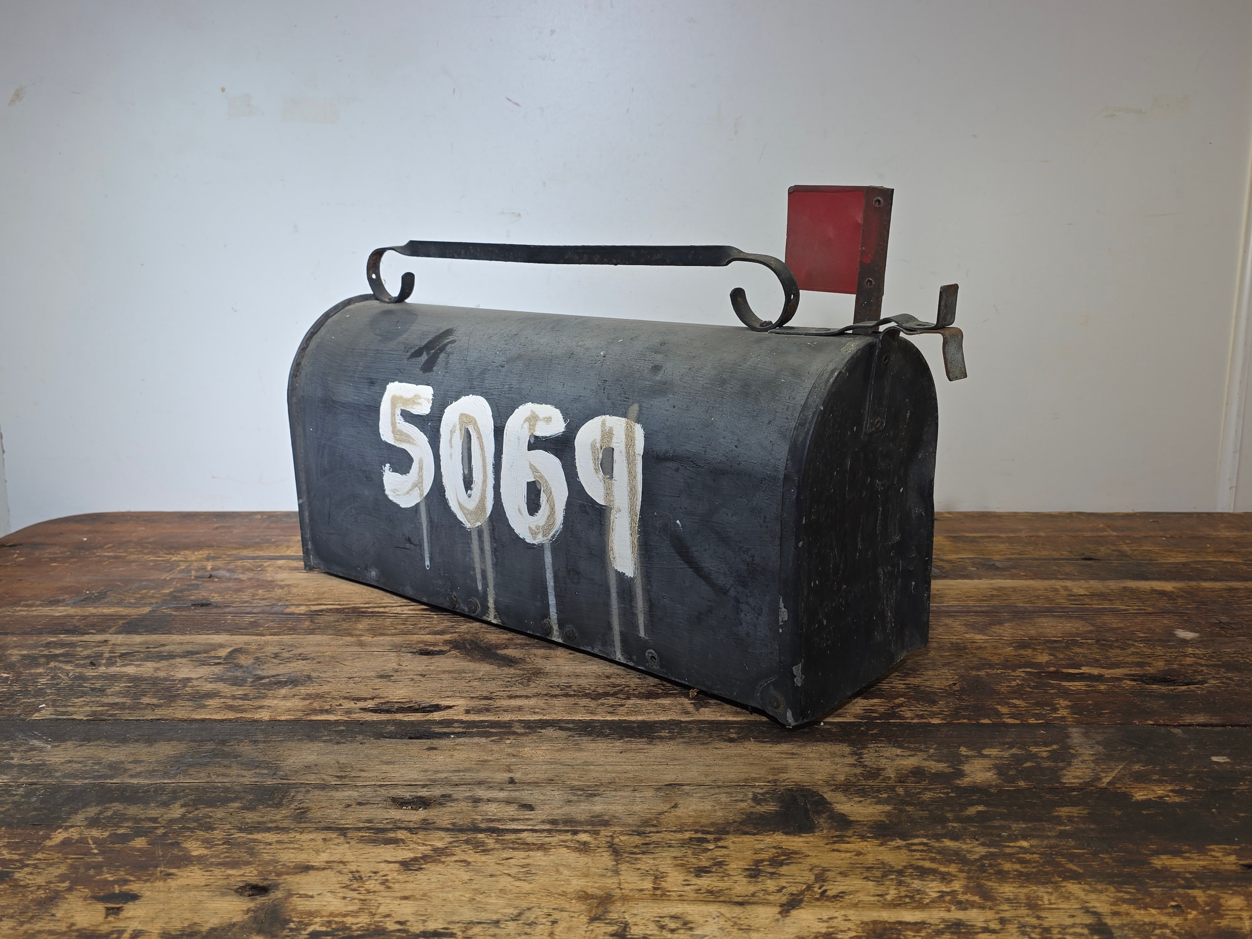 Vintage Superior Sheet Metal Mailbox Wood Bottom Industrial US Mail 5069 1940s
