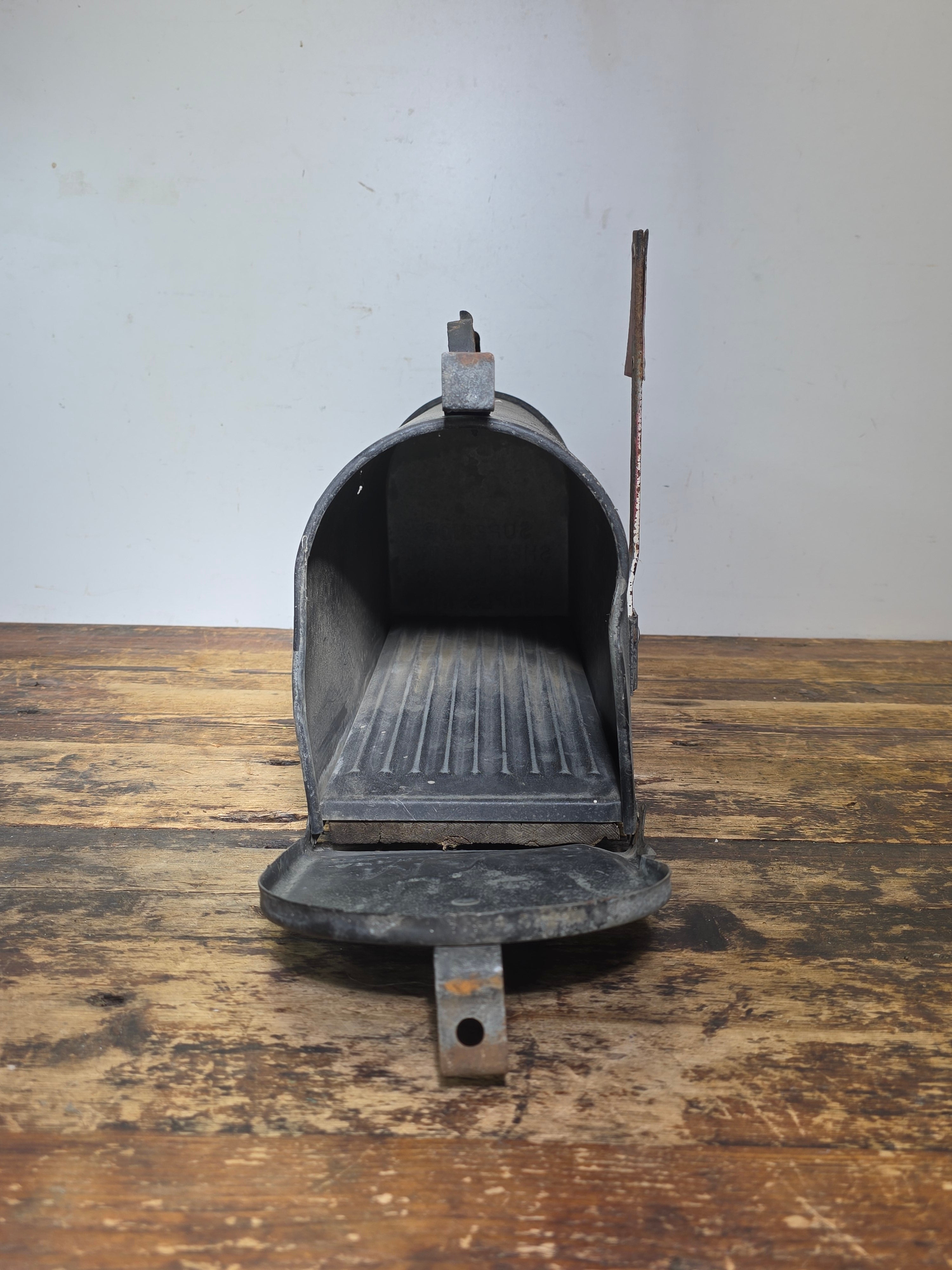 Vintage Superior Sheet Metal Mailbox Wood Bottom Industrial US Mail 5069 1940s