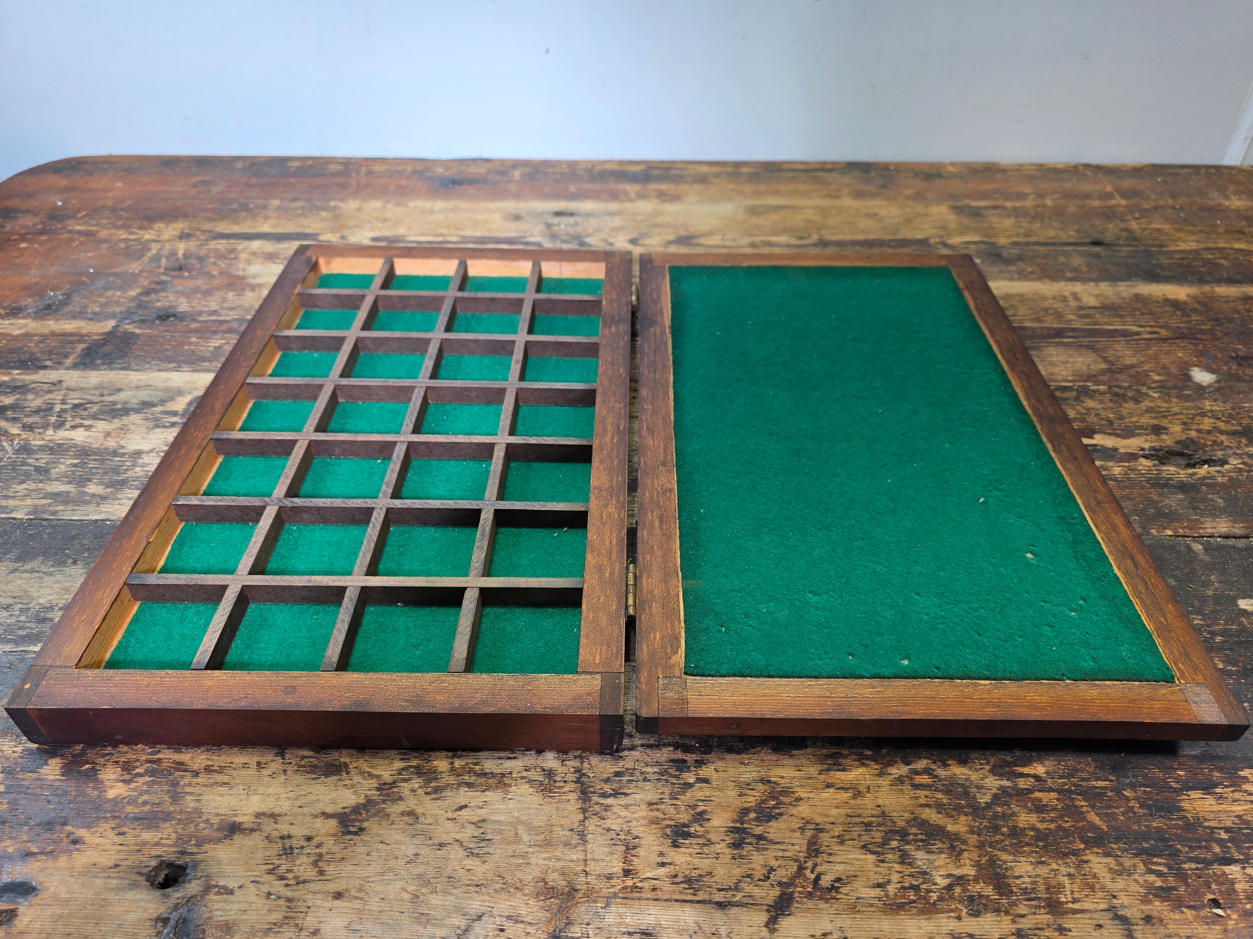 Vintage Wooden Coin Display Case 28 Compartment Grid Felt Lined Box 16"