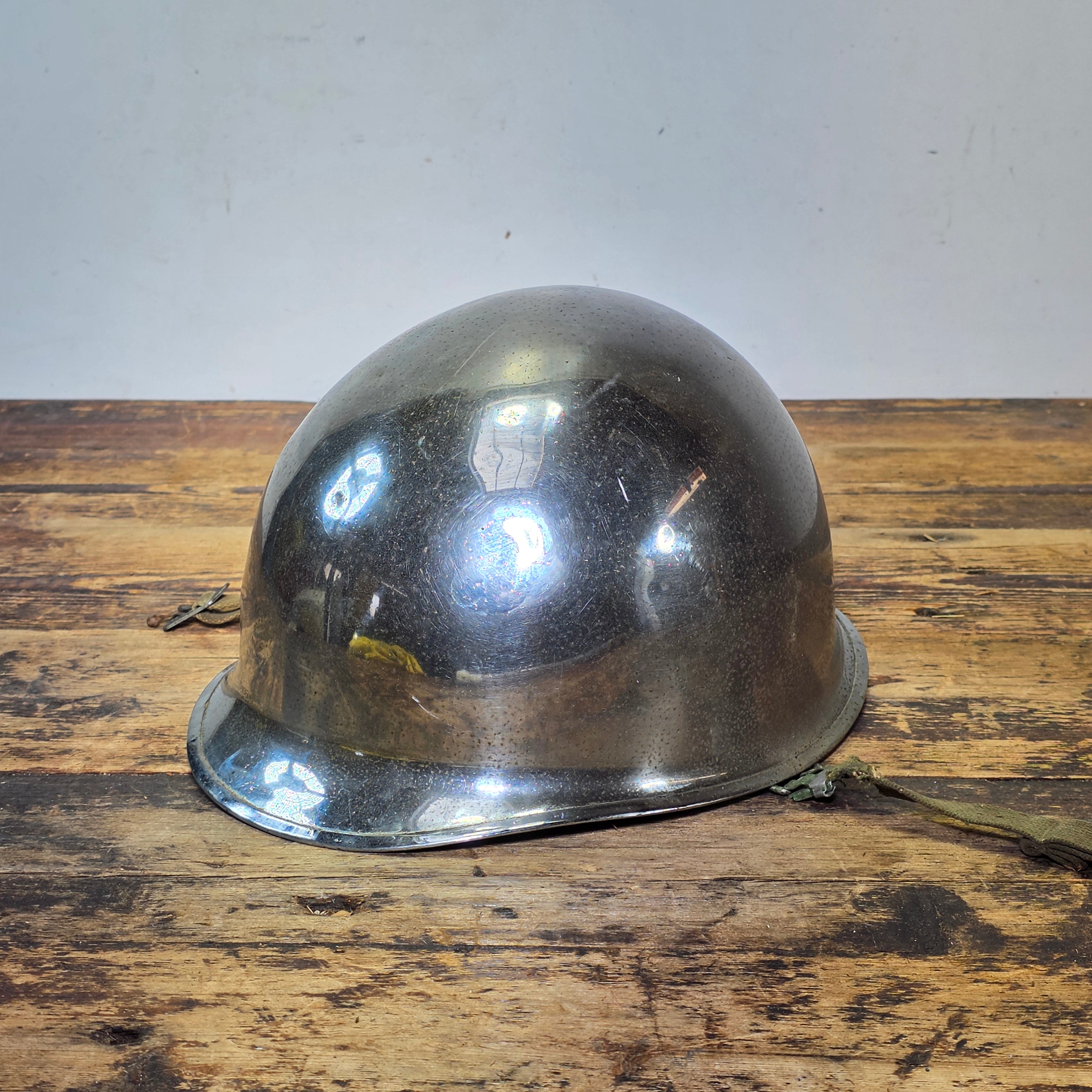 WWII US Army M1 Parade Chrome Helmet CAPAC Fiber Liner Damage 3" Crack
