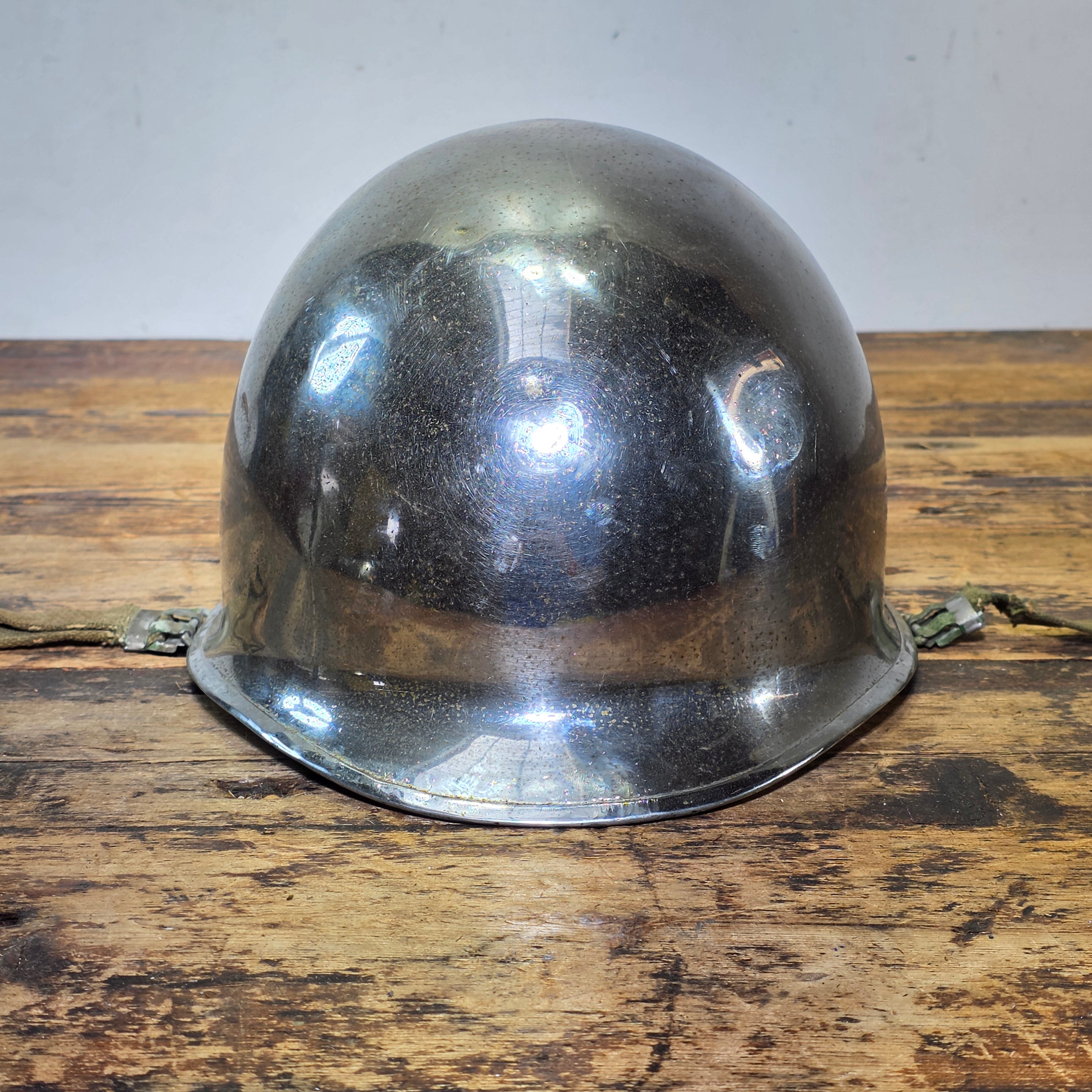 WWII US Army M1 Parade Chrome Helmet CAPAC Fiber Liner Damage 3" Crack