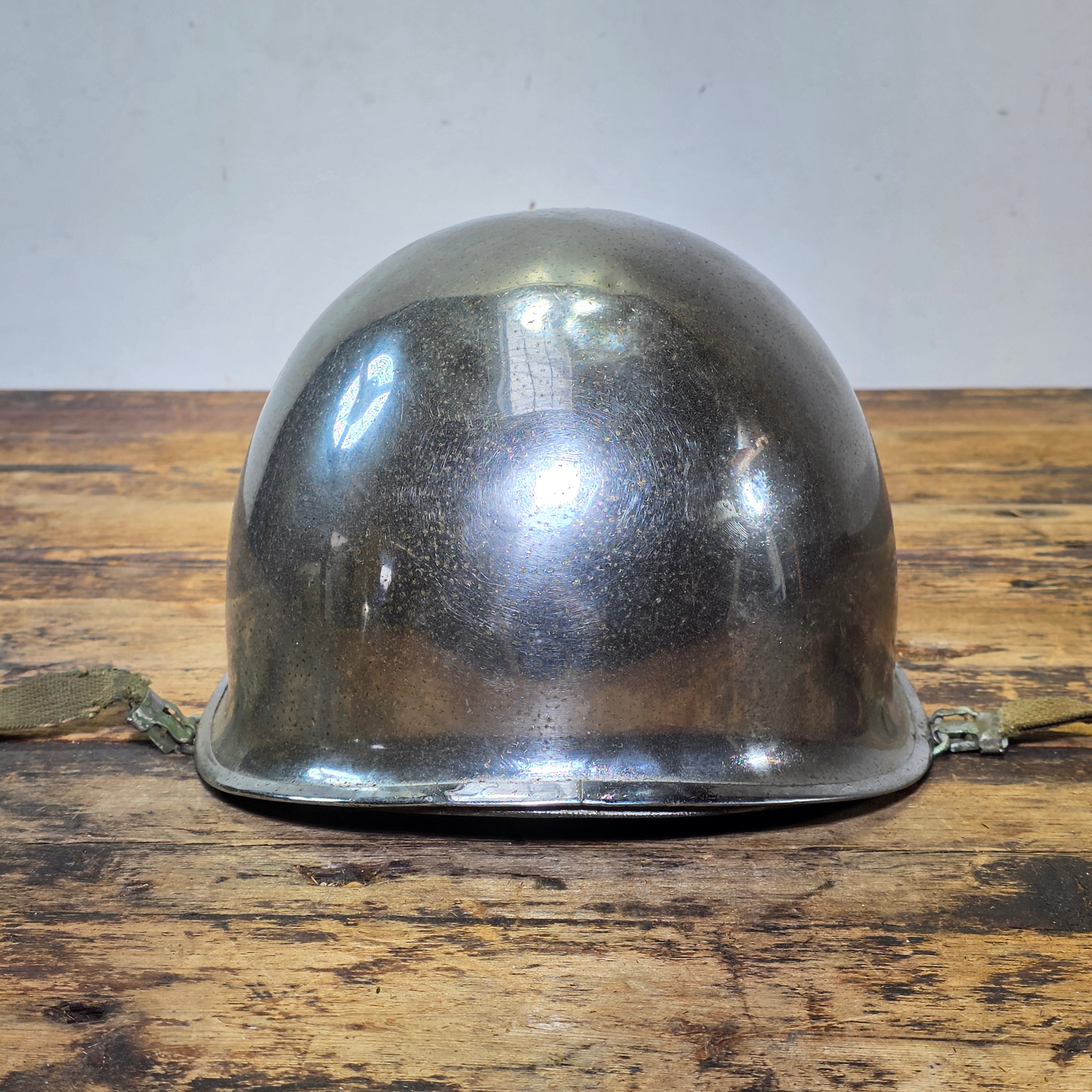 WWII US Army M1 Parade Chrome Helmet CAPAC Fiber Liner Damage 3" Crack