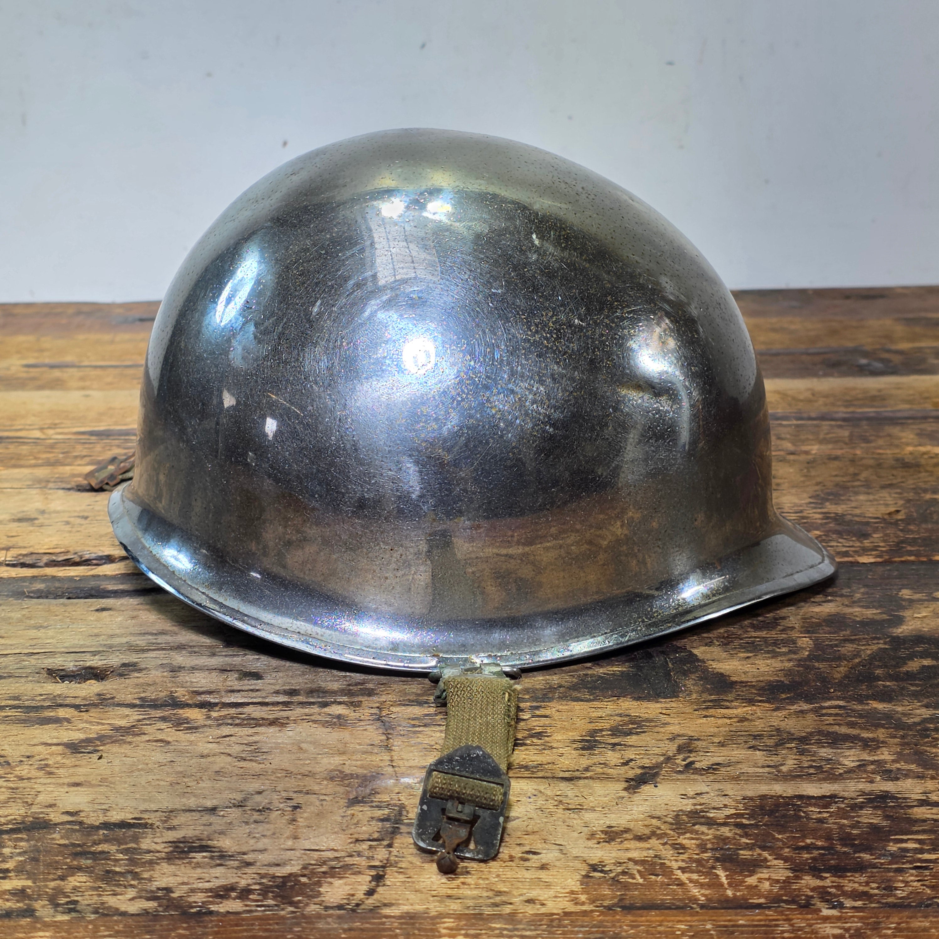 WWII US Army M1 Parade Chrome Helmet CAPAC Fiber Liner Damage 3" Crack