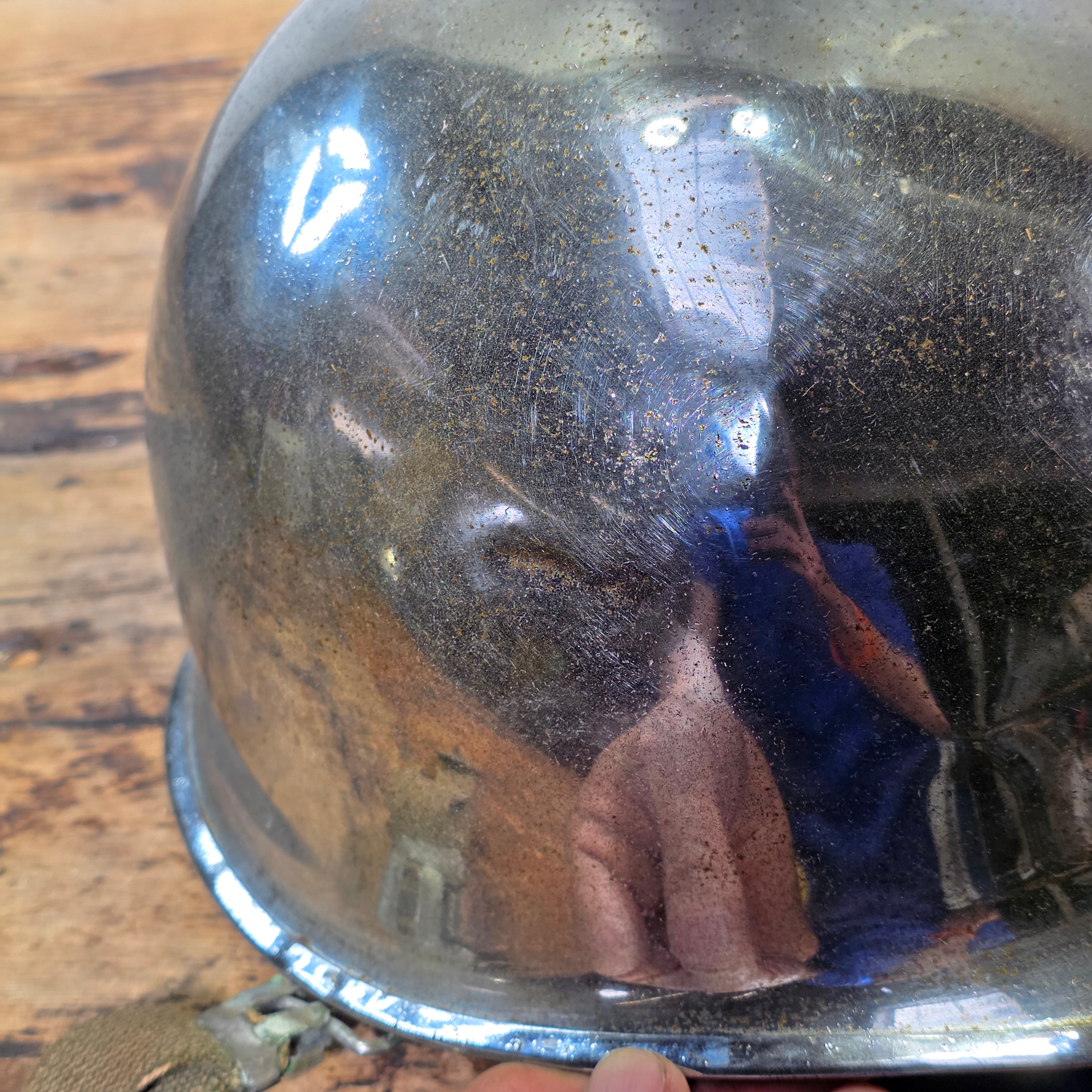 WWII US Army M1 Parade Chrome Helmet CAPAC Fiber Liner Damage 3" Crack