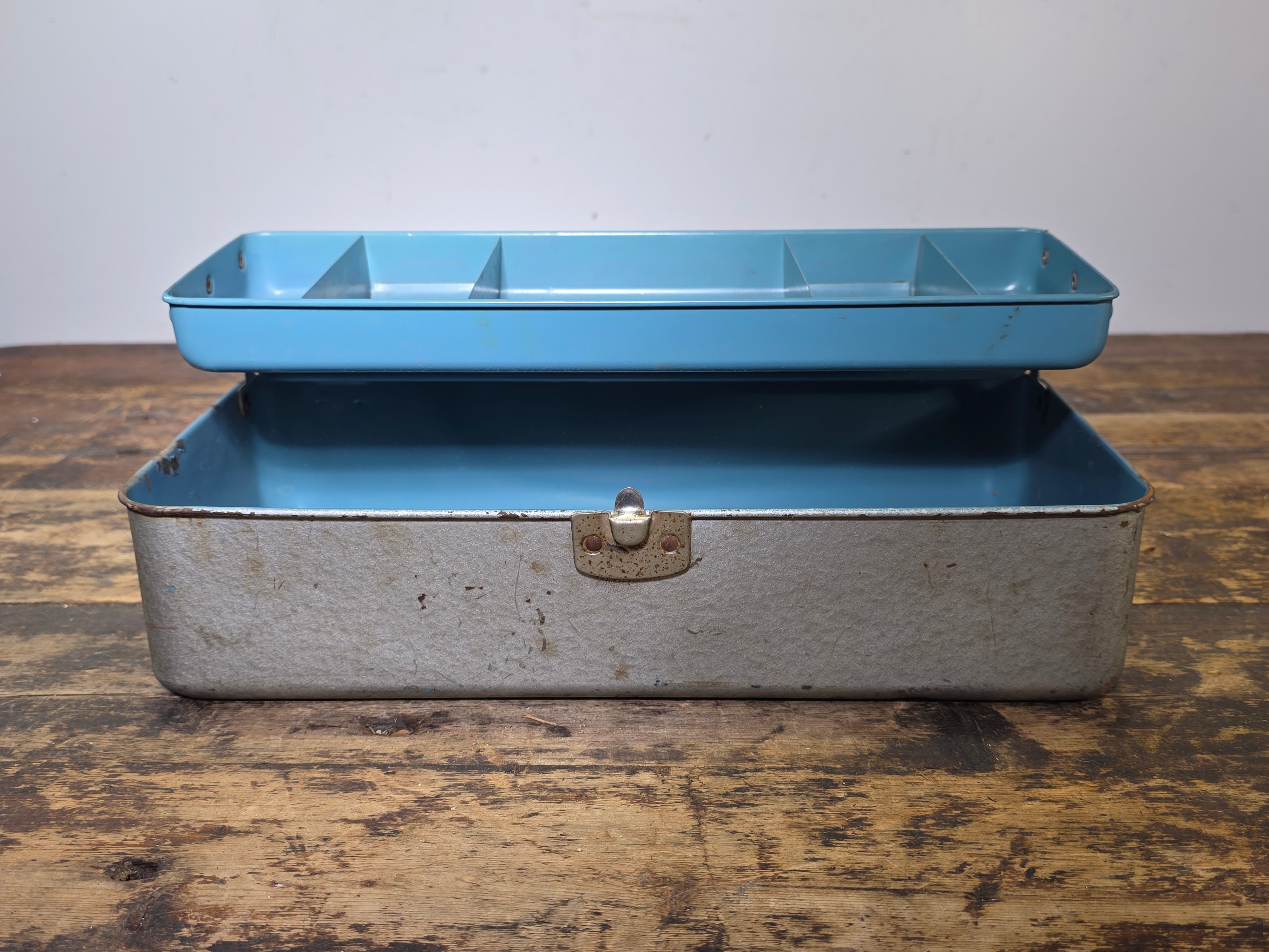 Vintage Union Utility Chest Metal Tool Box Ruler Lid Silver Blue Trays Le Roy NY