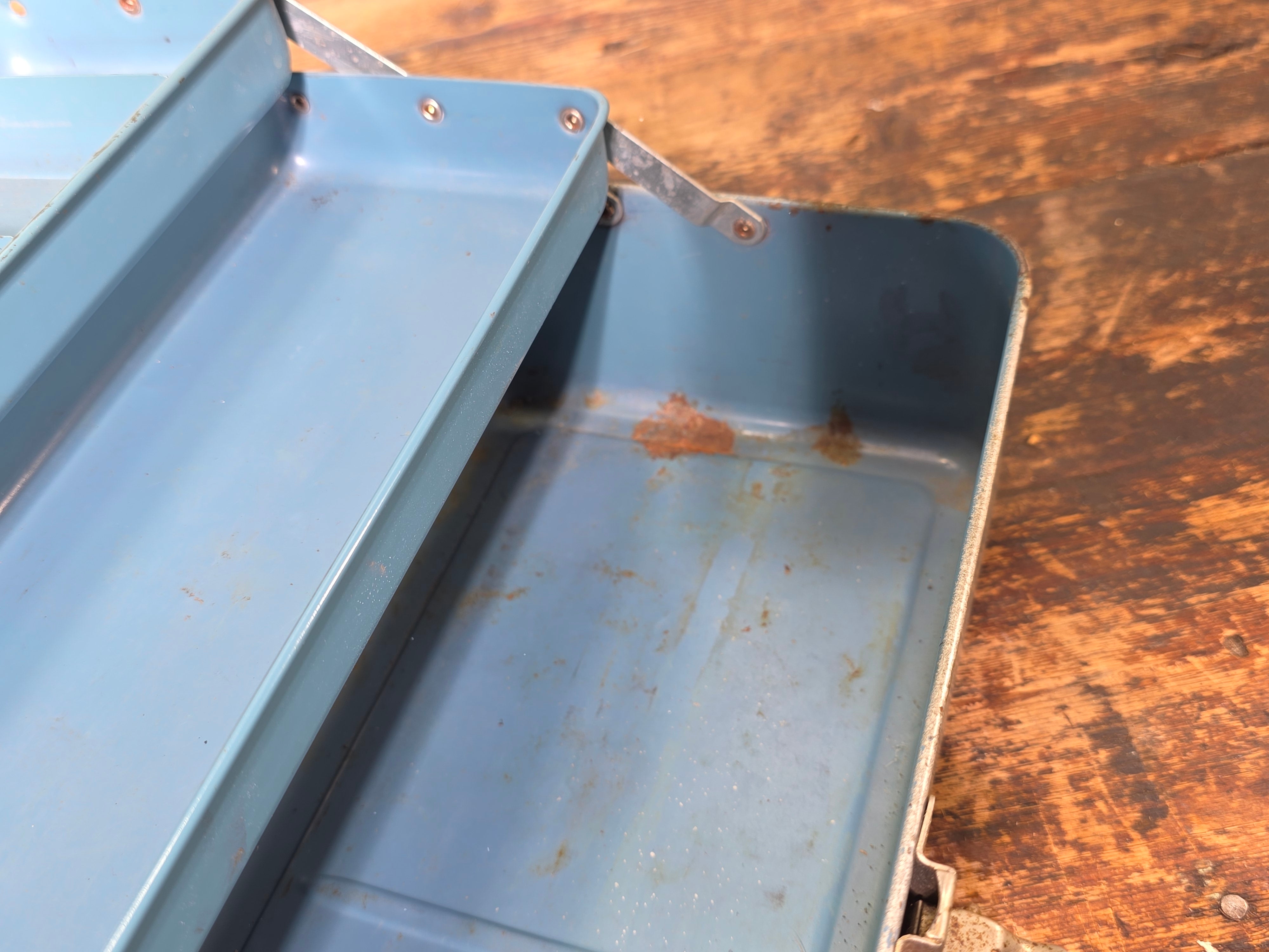 Vintage Union Utility Chest Metal Tool Box Ruler Lid Silver Blue Trays Le Roy NY