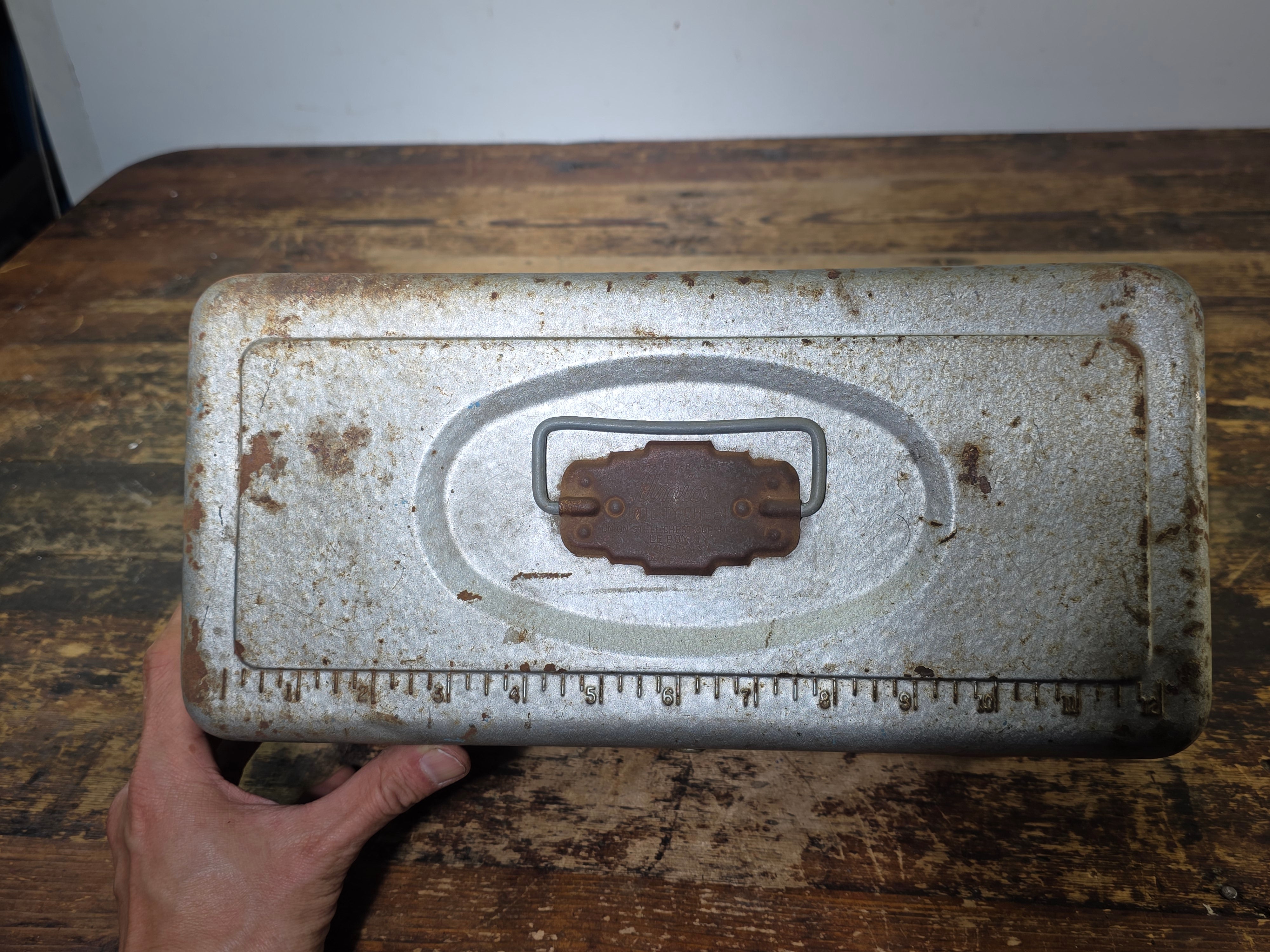 Vintage Union Utility Chest Metal Tool Box Ruler Lid Silver Blue Trays Le Roy NY