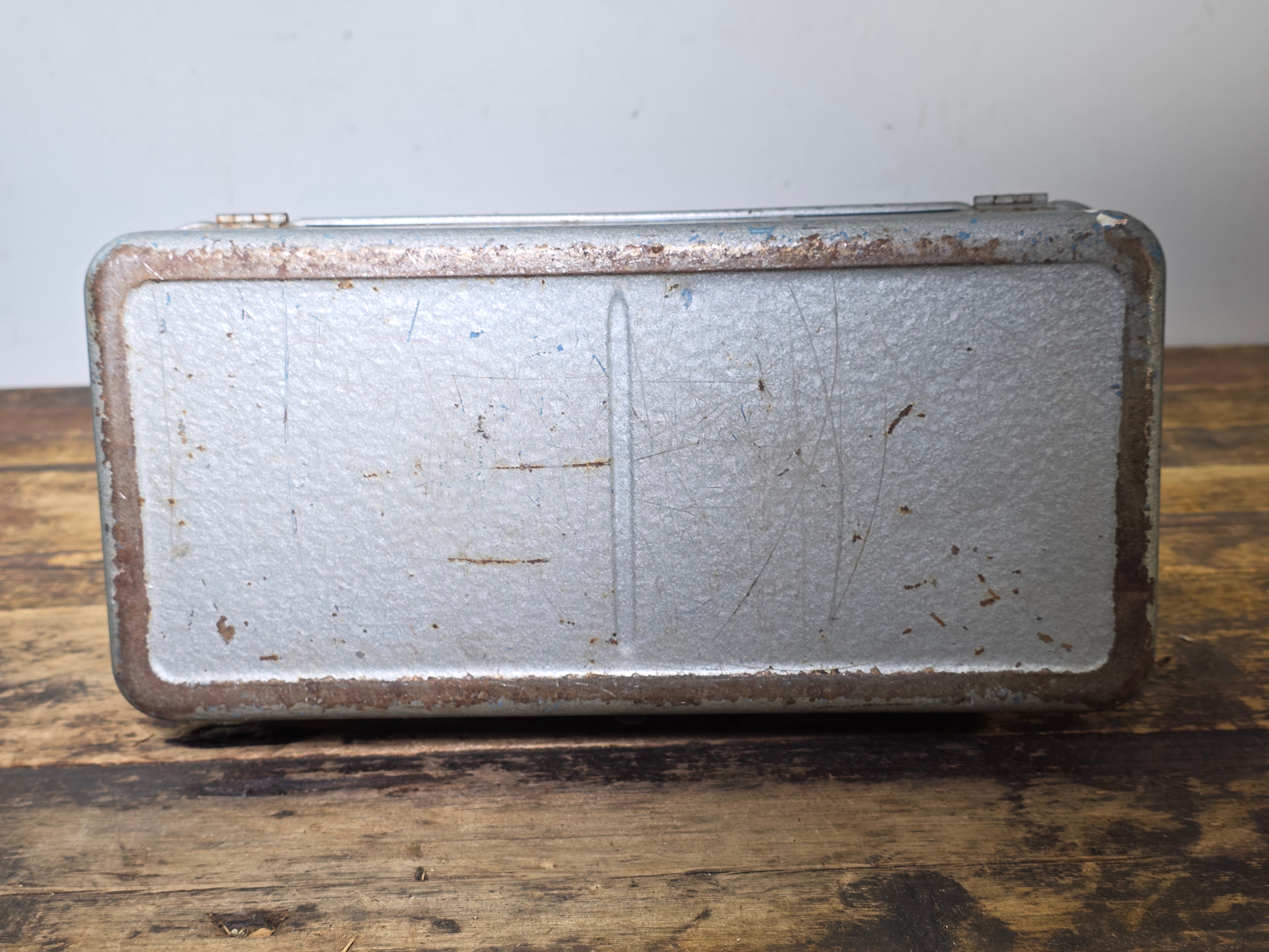 Vintage Union Utility Chest Metal Tool Box Ruler Lid Silver Blue Trays Le Roy NY