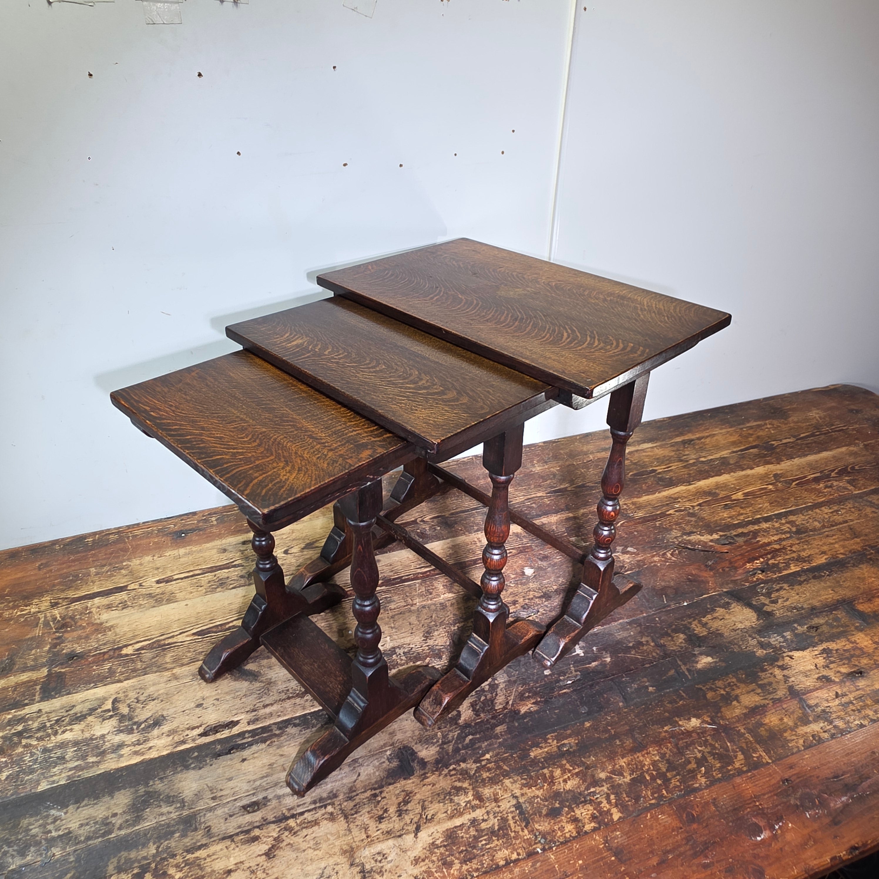 Antique English Nest of 3 Tables WWII CC41 Oak Jacobean Utility Side End Set