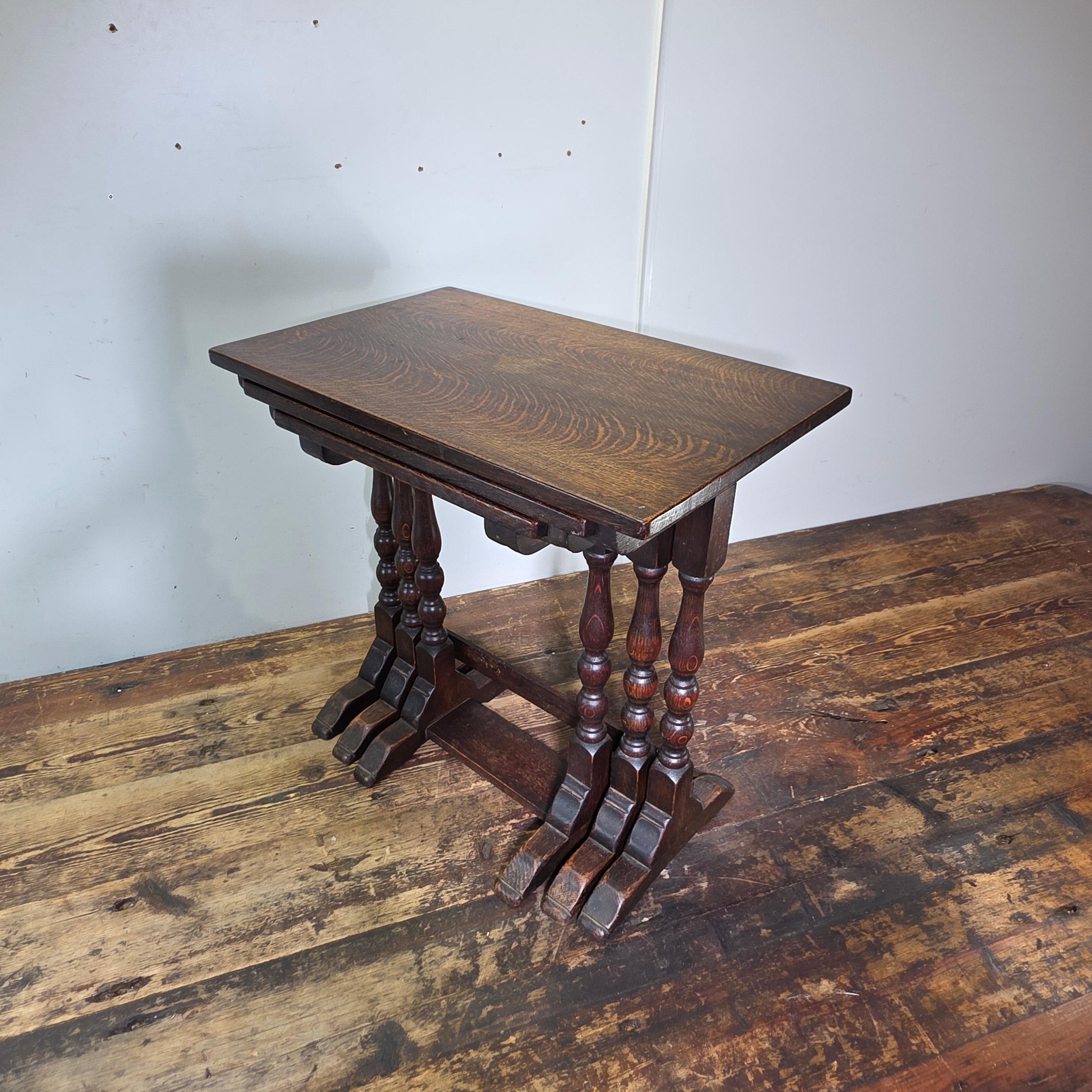 Antique English Nest of 3 Tables WWII CC41 Oak Jacobean Utility Side End Set