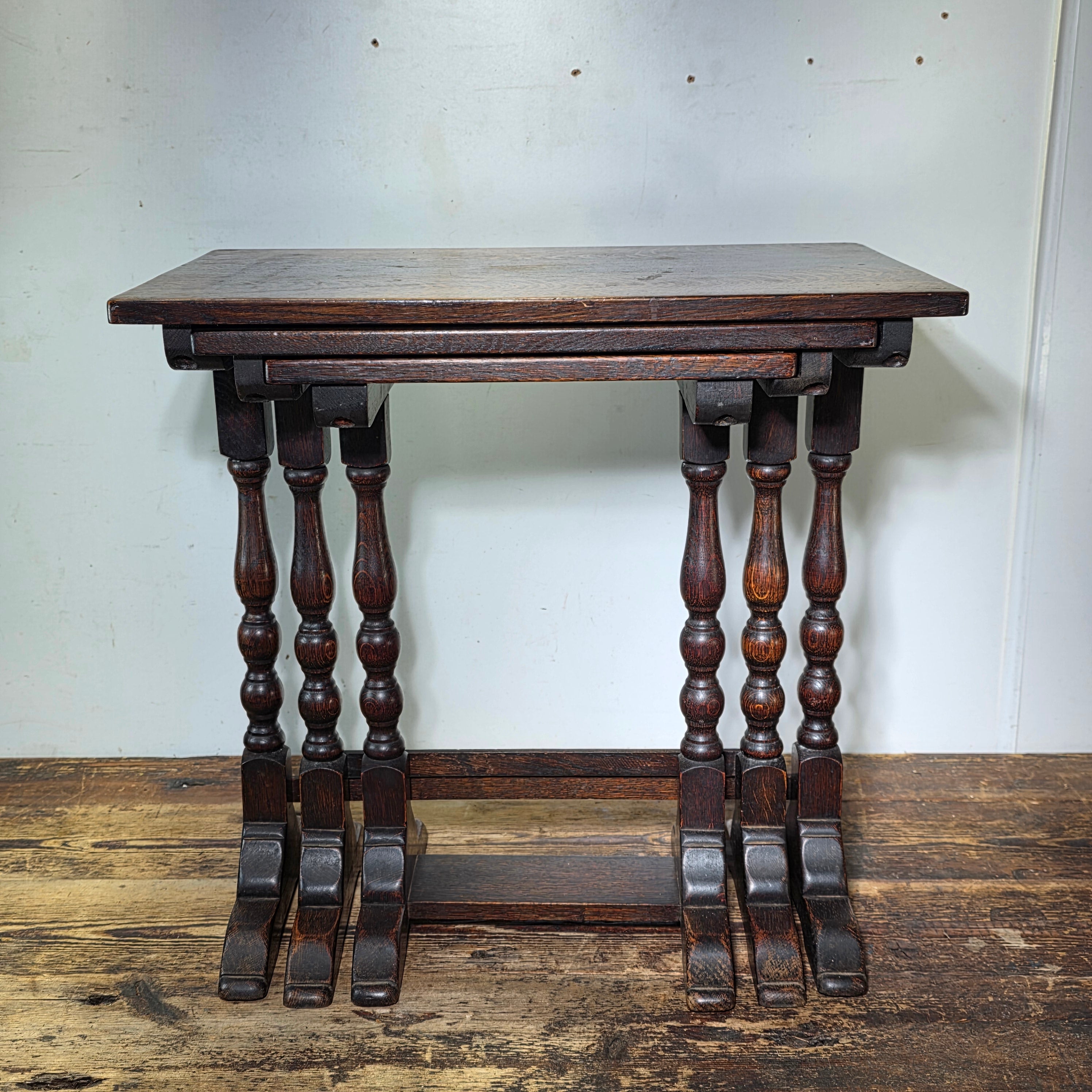 Antique English Nest of 3 Tables WWII CC41 Oak Jacobean Utility Side End Set