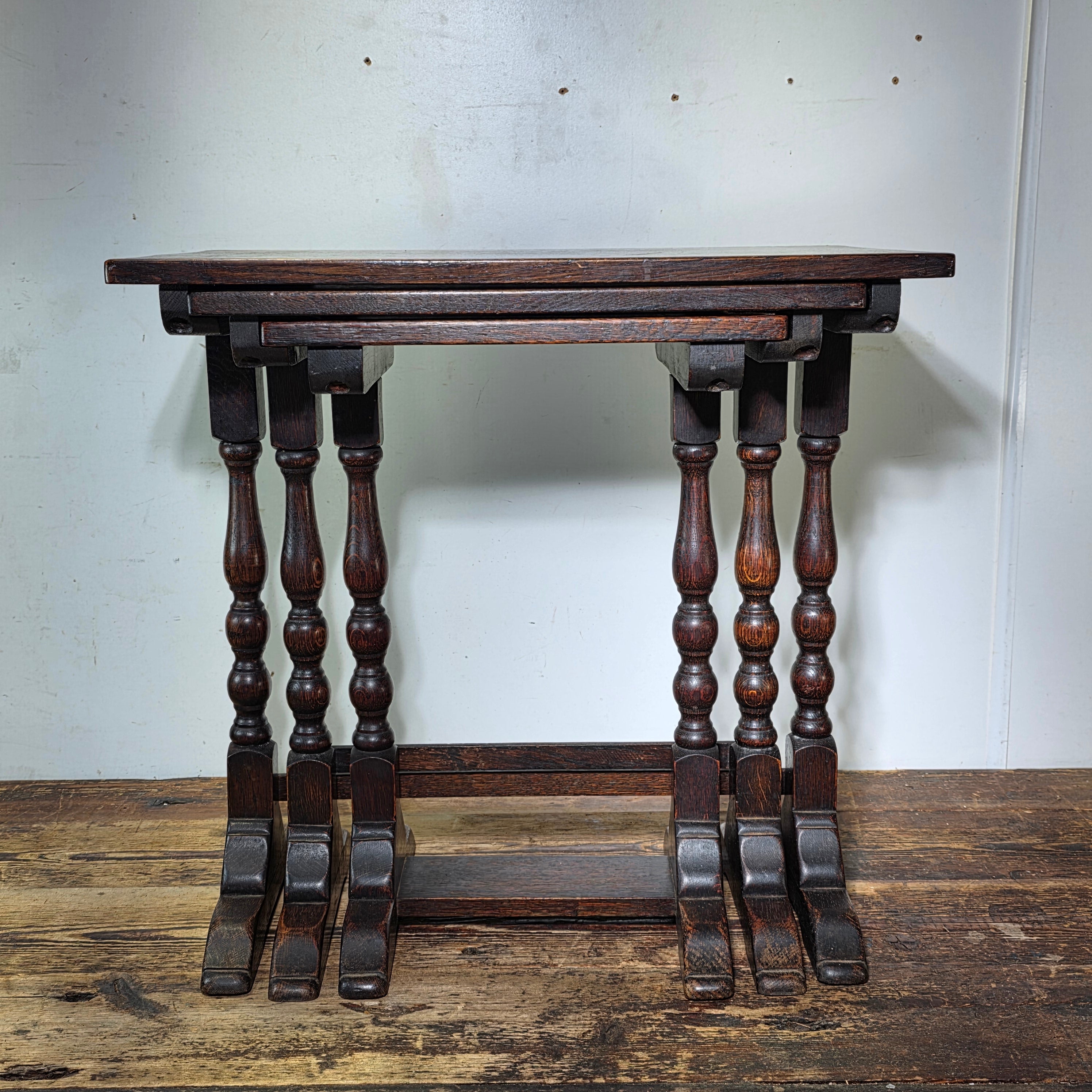 Antique English Nest of 3 Tables WWII CC41 Oak Jacobean Utility Side End Set