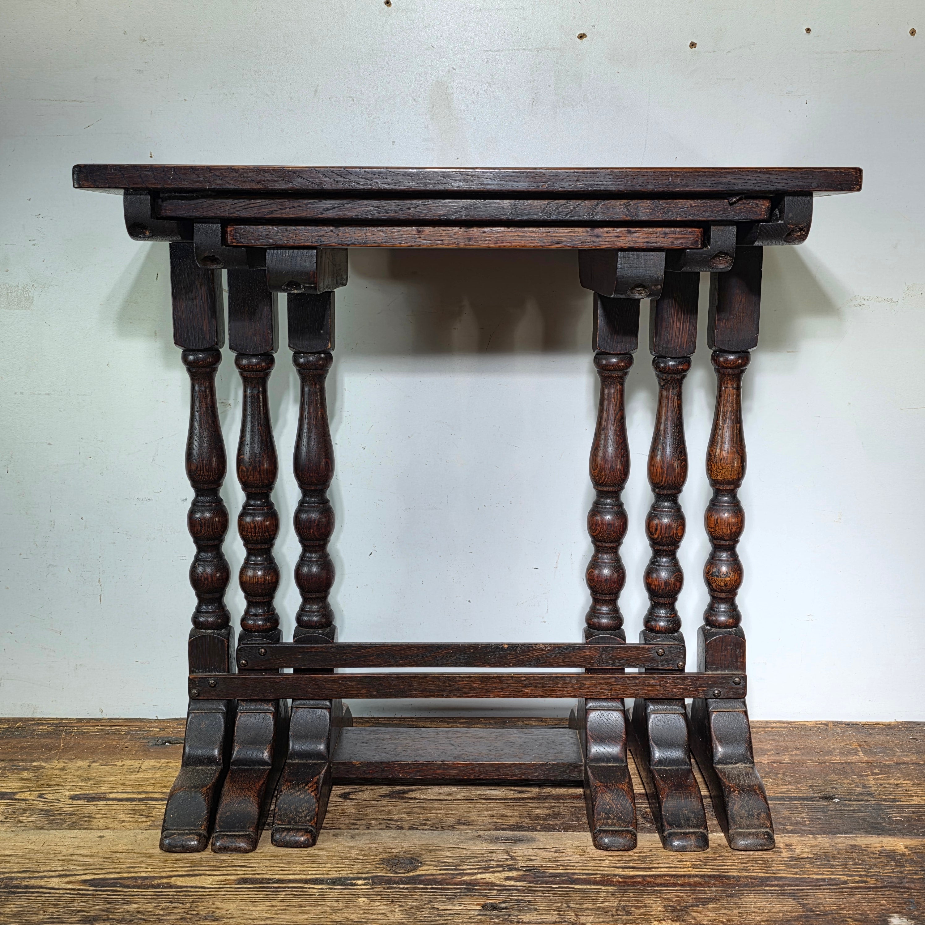 Antique English Nest of 3 Tables WWII CC41 Oak Jacobean Utility Side End Set
