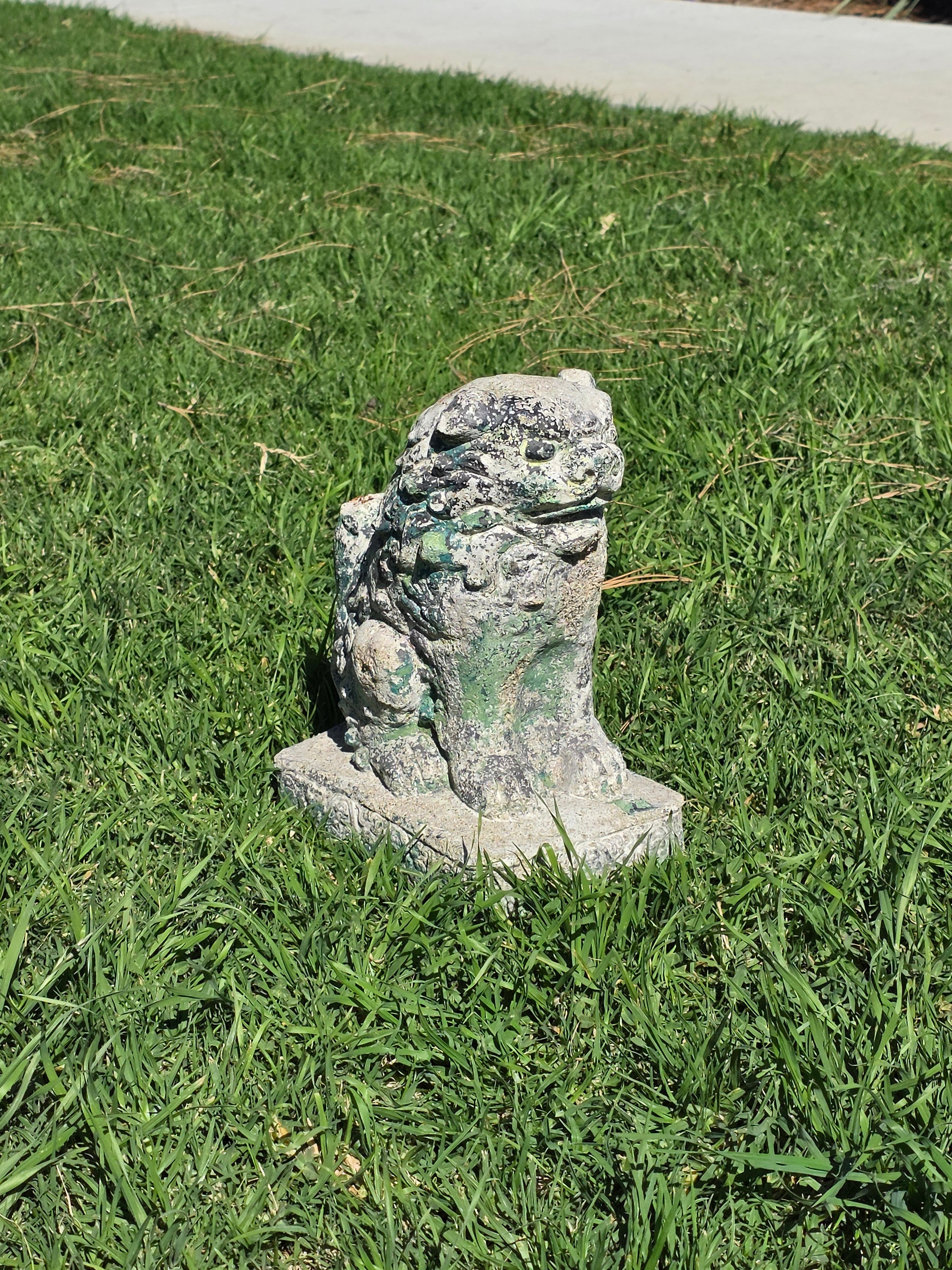 Vintage Chinese Guardian Lion Foo Dog Concrete Garden Statue 11.5in