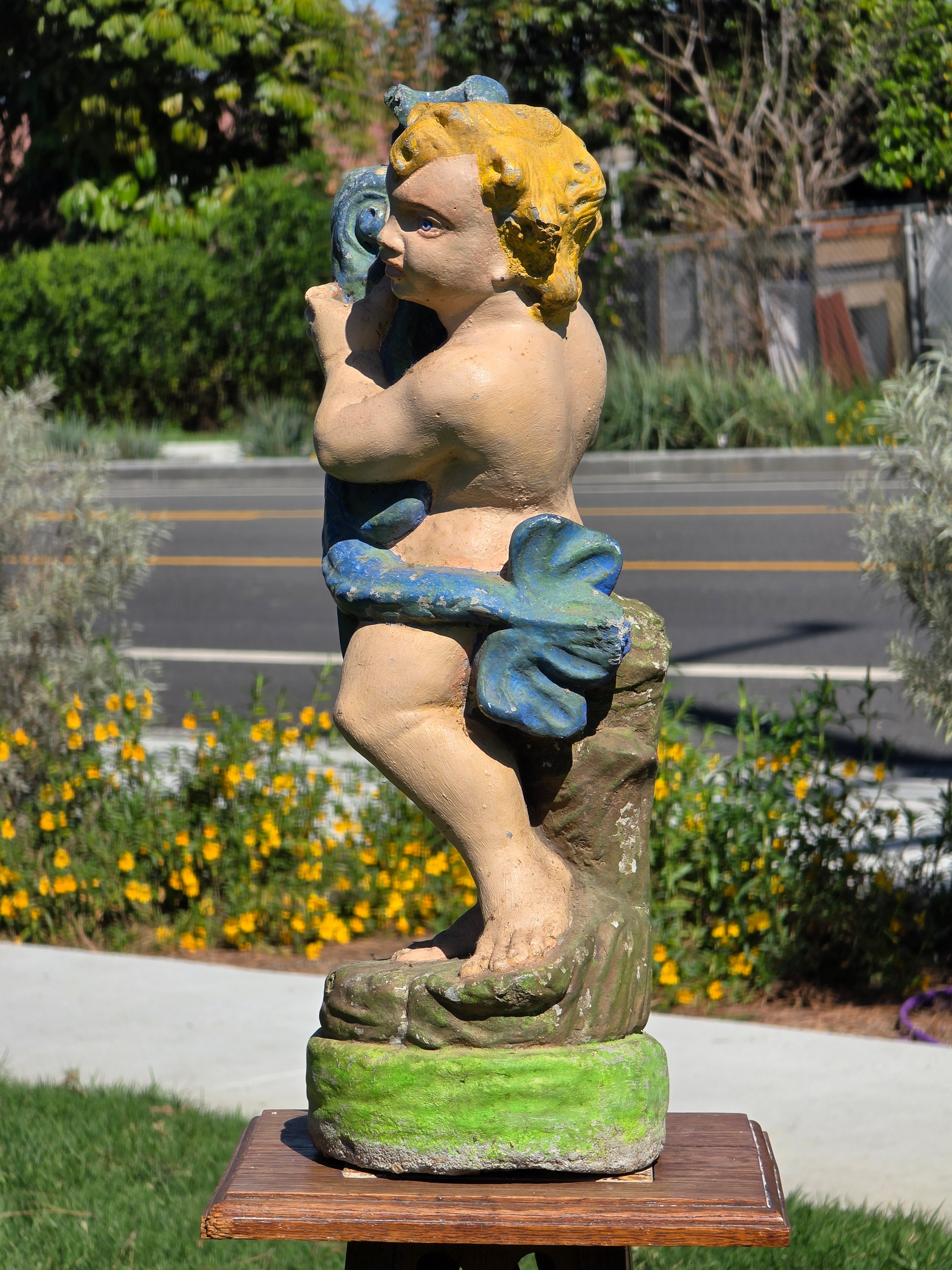 Vintage Concrete Cherub Statue Holding Fish Fountain Head Garden Ornament 22"