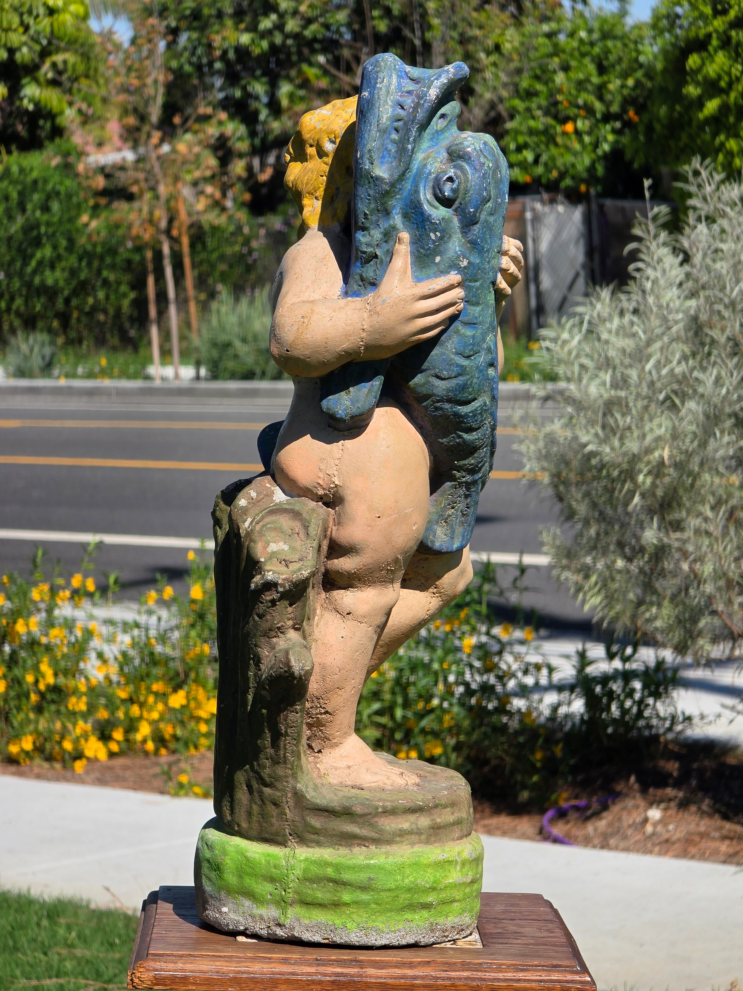 Vintage Concrete Cherub Statue Holding Fish Fountain Head Garden Ornament 22"