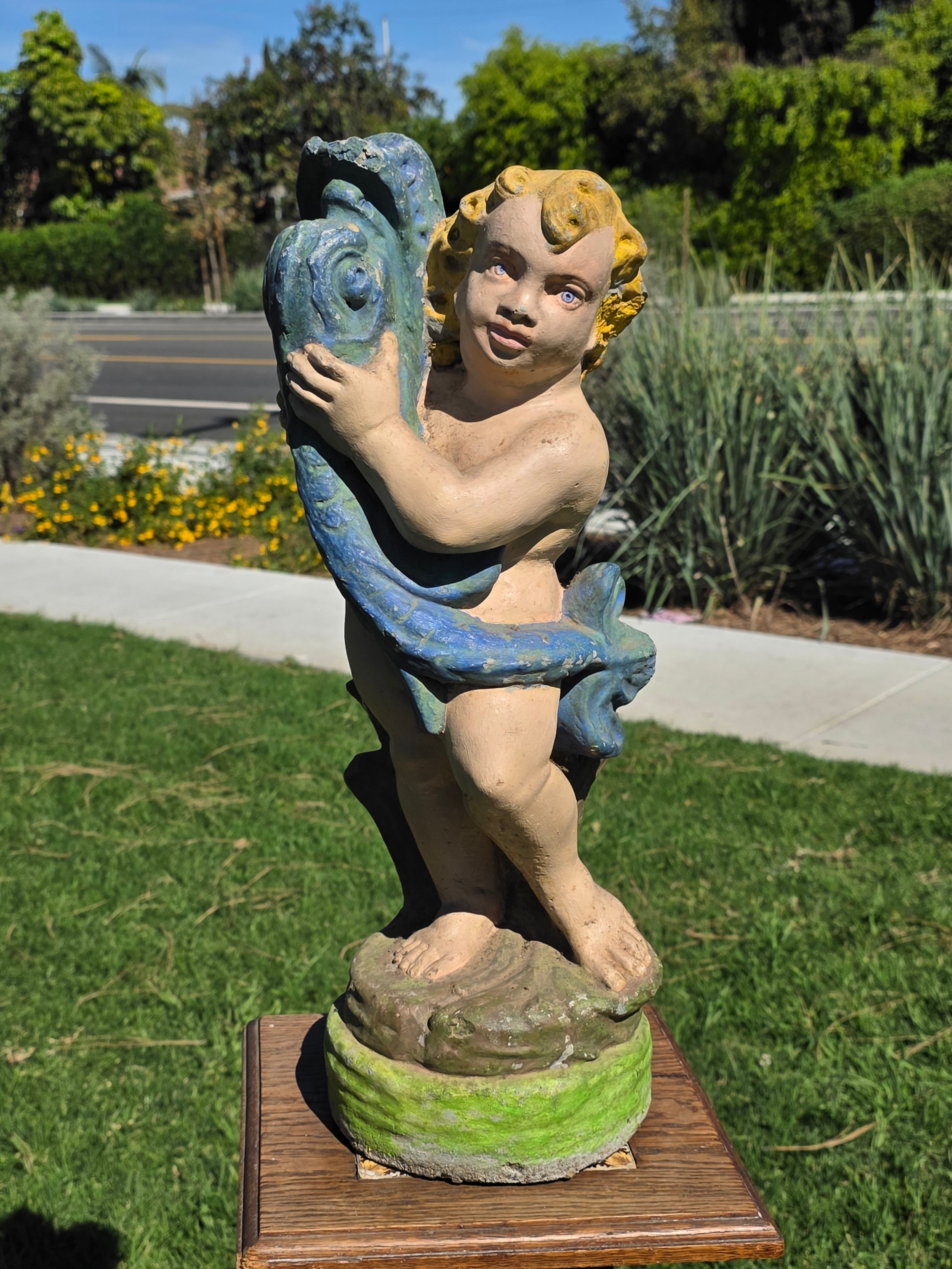 Vintage Concrete Cherub Statue Holding Fish Fountain Head Garden Ornament 22"
