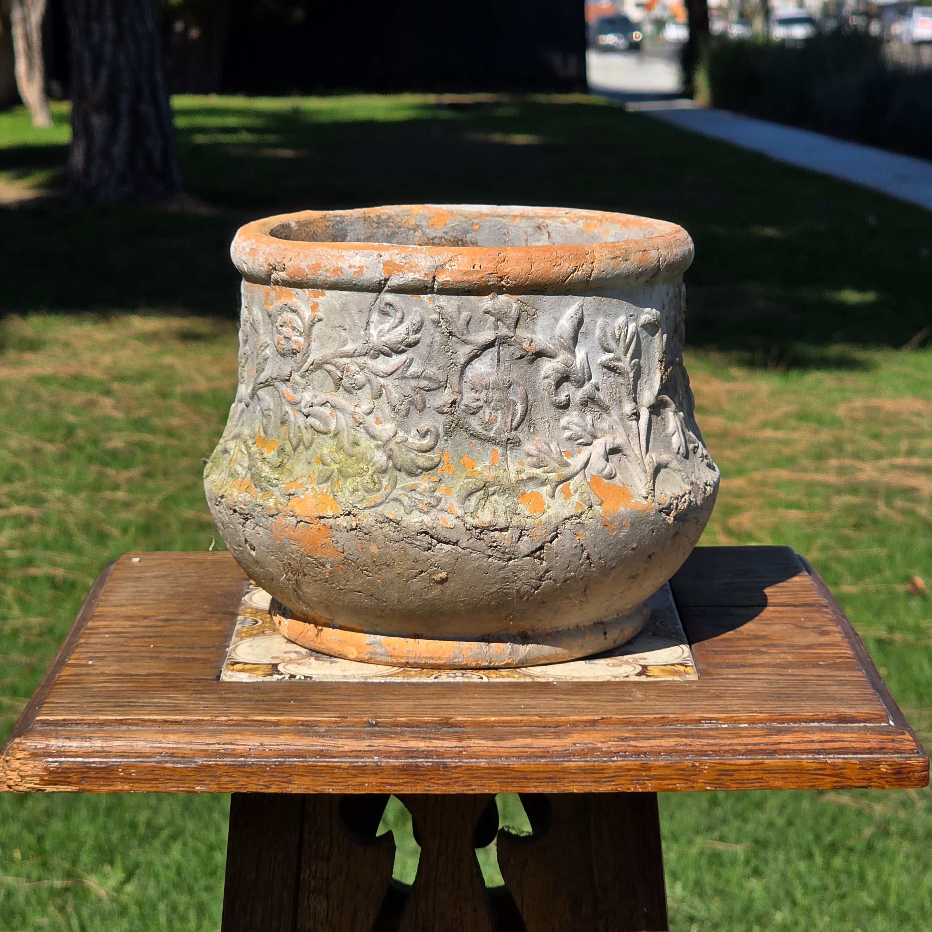 Vintage Terracotta Planter Rustic Weathered Flower Pot Embossed Floral 7" Garden